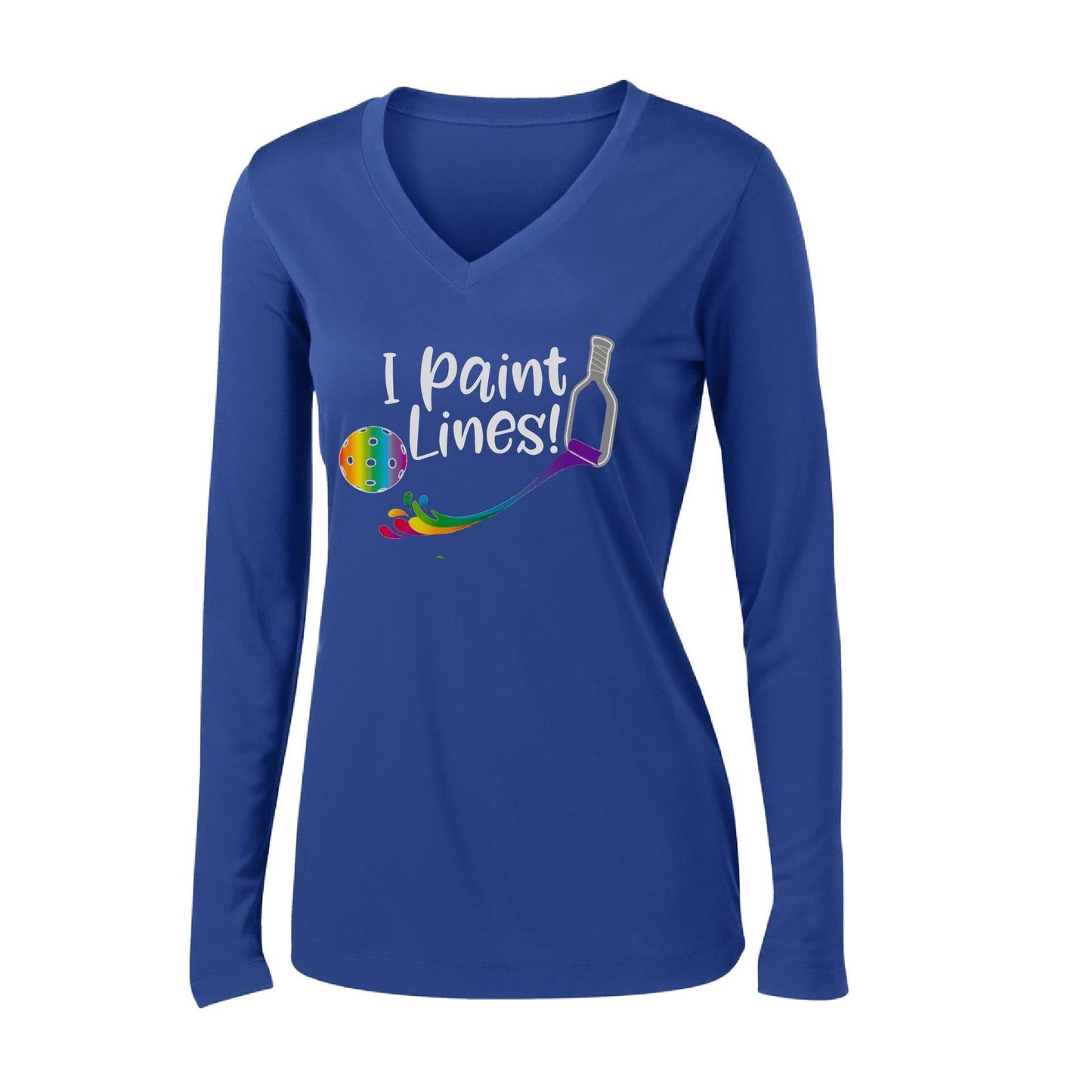 I Paint Pickleball Lines | Women's Long Sleeve V-Neck Pickleball Performance T-Shirts | 100% Polyester