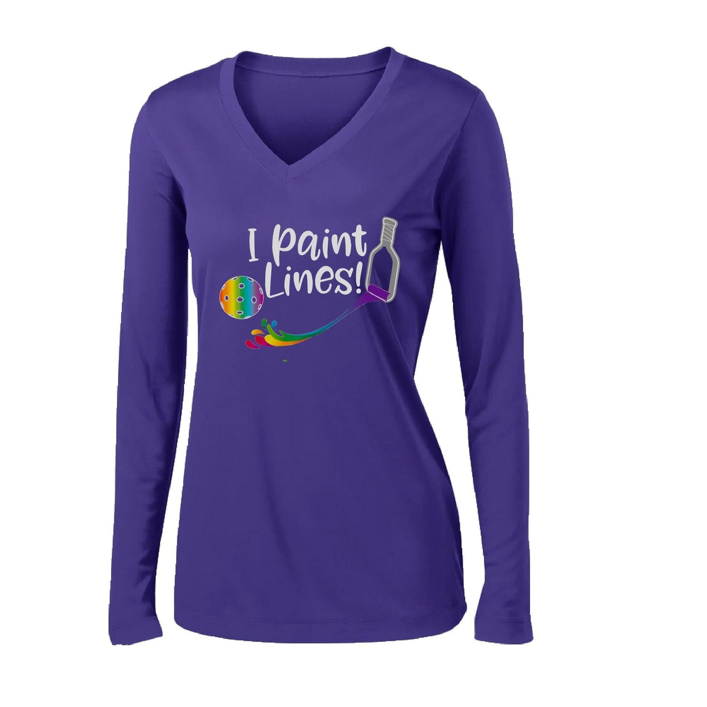 I Paint Pickleball Lines | Women's Long Sleeve V-Neck Pickleball Performance T-Shirts | 100% Polyester
