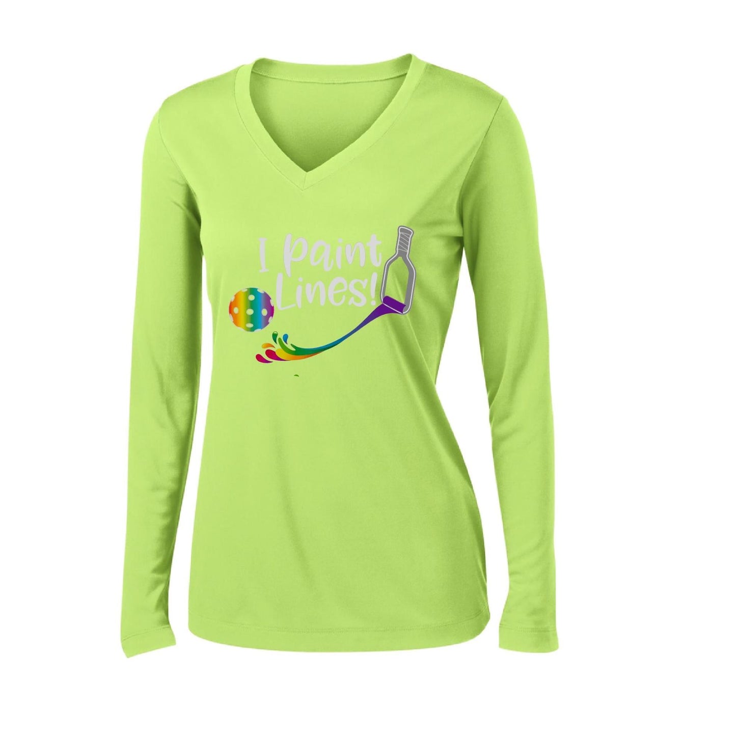 I Paint Pickleball Lines | Women's Long Sleeve V-Neck Pickleball Performance T-Shirts | 100% Polyester
