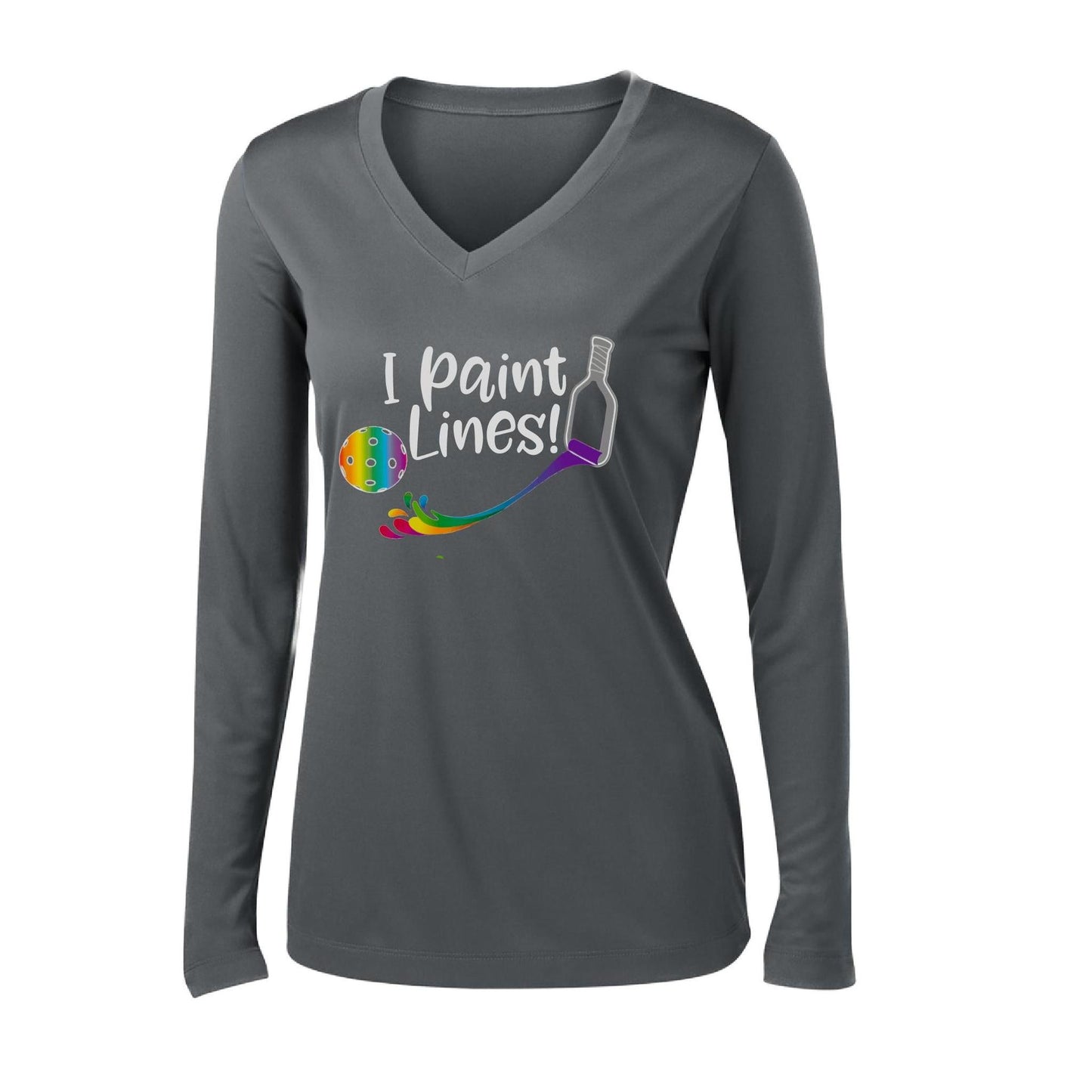 I Paint Pickleball Lines | Women's Long Sleeve V-Neck Pickleball Performance T-Shirts | 100% Polyester