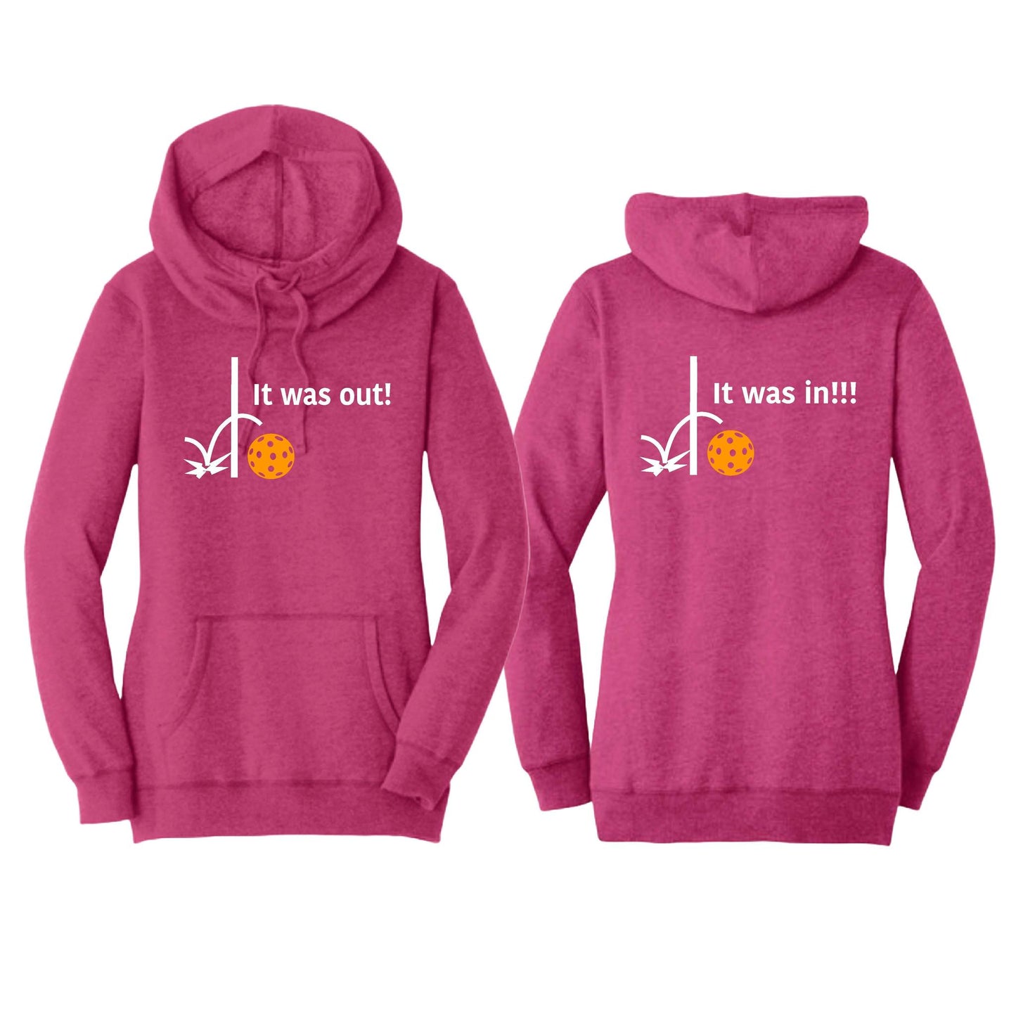 It Was In!!! It Was Out!!! (Pickleballs Cyan Green Orange) | Women’s Cowl-Neck Hoodie Pickleball Sweatshirt | 55% Cotton 45% Poly Fleece