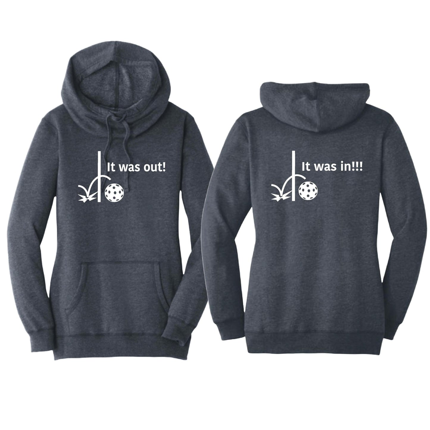 It Was In!!! It Was Out!!! (Pickleballs Red White Yellow) | Women’s Cowl-Neck Hoodie Pickleball Sweatshirt | 55% Cotton 45% Poly Fleece