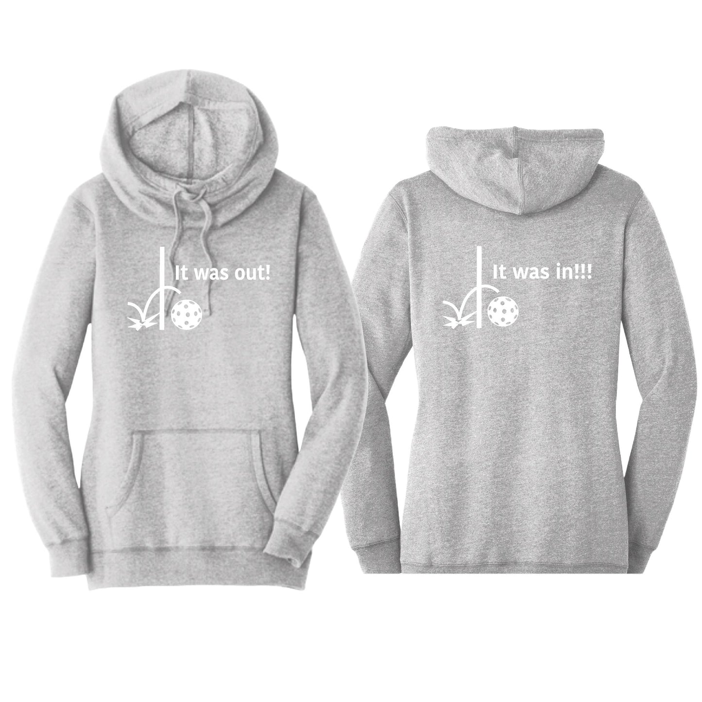It Was In!!! It Was Out!!! (Pickleballs Red White Yellow) | Women’s Cowl-Neck Hoodie Pickleball Sweatshirt | 55% Cotton 45% Poly Fleece