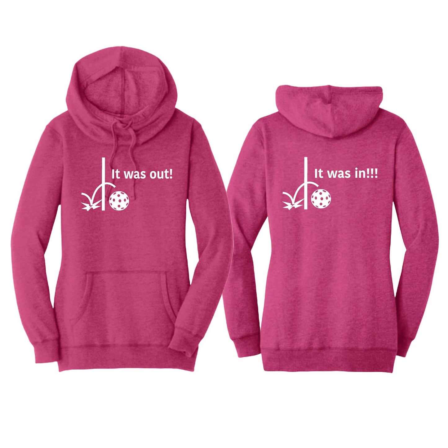 It Was In!!! It Was Out!!! (Pickleballs Red White Yellow) | Women’s Cowl-Neck Hoodie Pickleball Sweatshirt | 55% Cotton 45% Poly Fleece