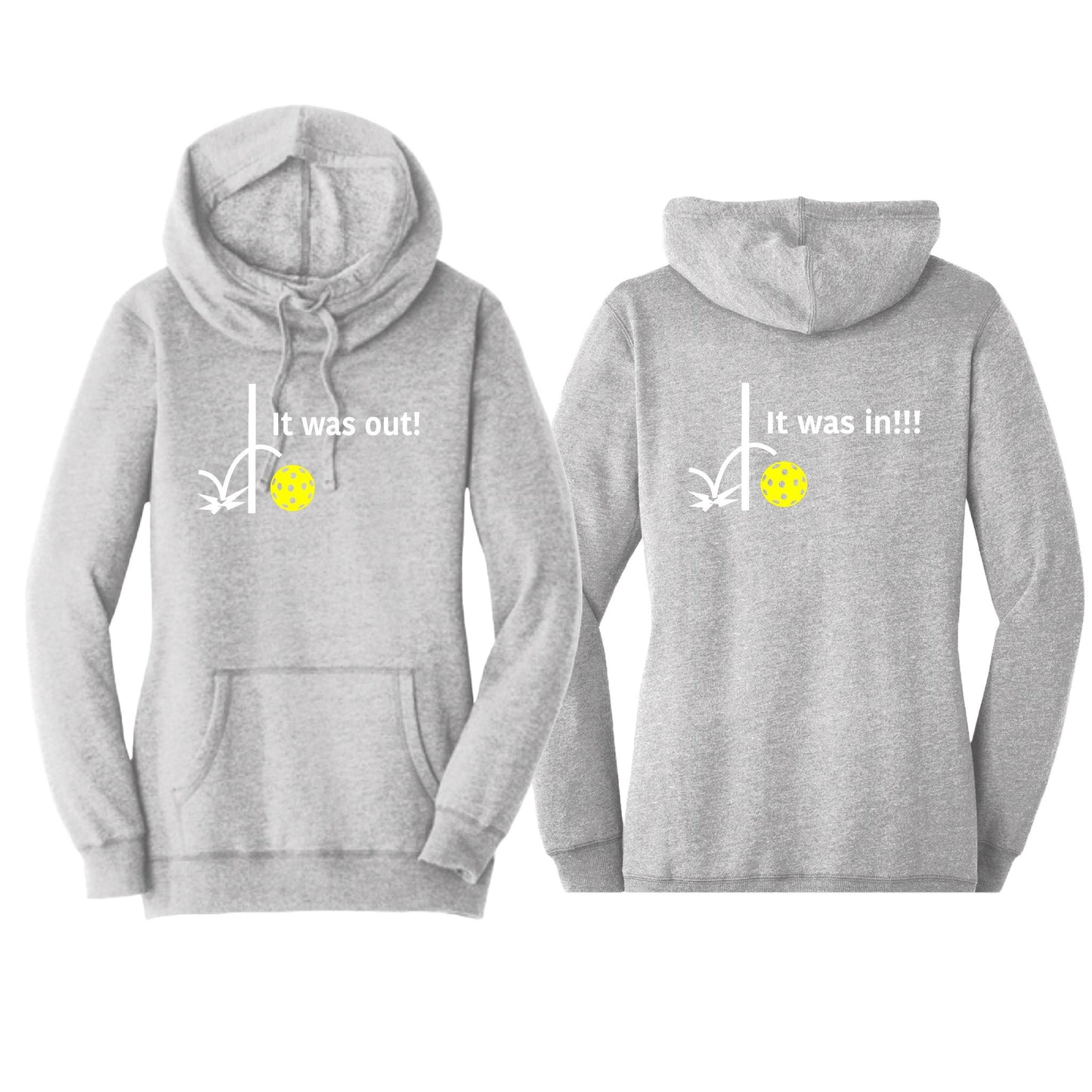 It Was In!!! It Was Out!!! (Pickleballs Red White Yellow) | Women’s Cowl-Neck Hoodie Pickleball Sweatshirt | 55% Cotton 45% Poly Fleece
