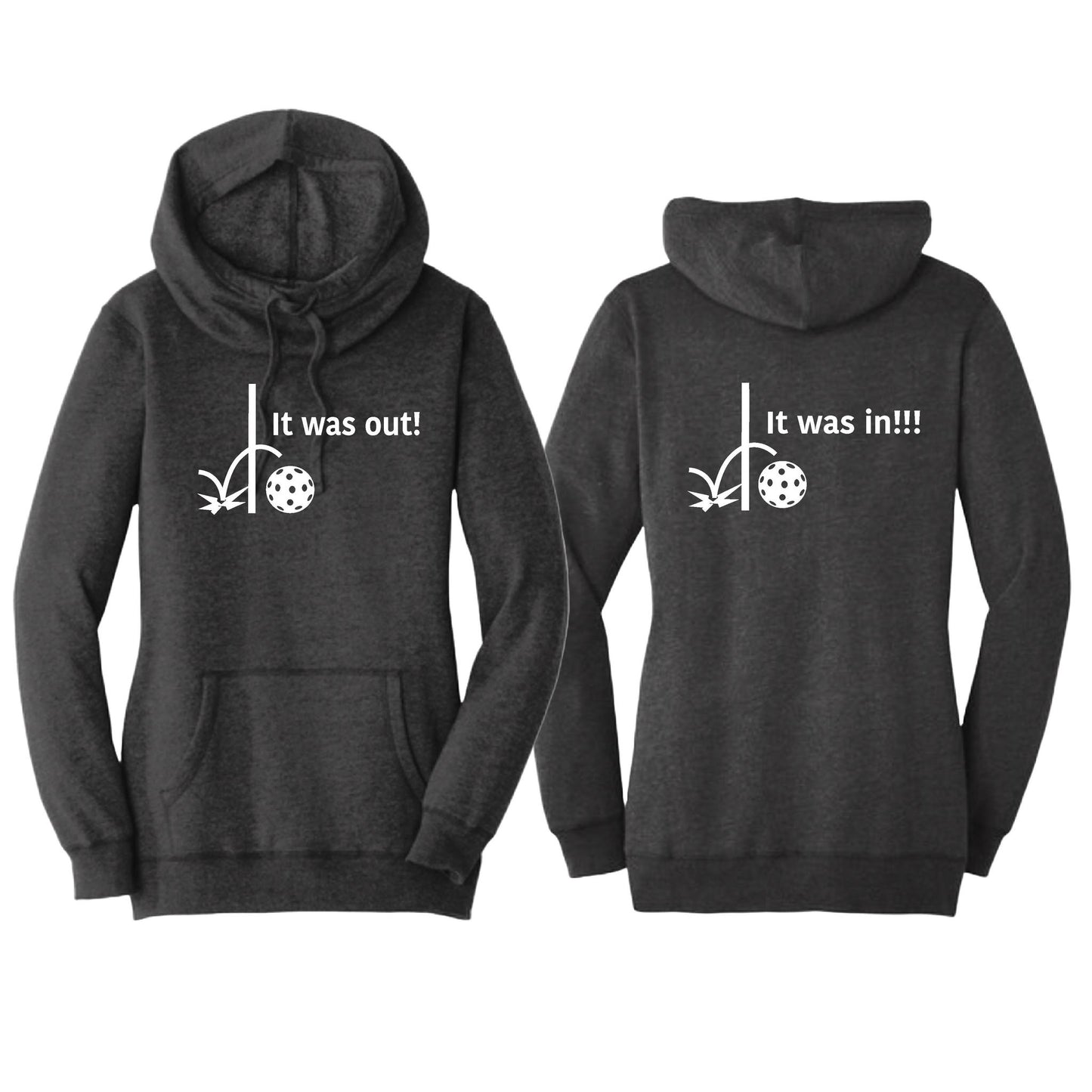 It Was In!!! It Was Out!!! (Pickleballs Red White Yellow) | Women’s Cowl-Neck Hoodie Pickleball Sweatshirt | 55% Cotton 45% Poly Fleece