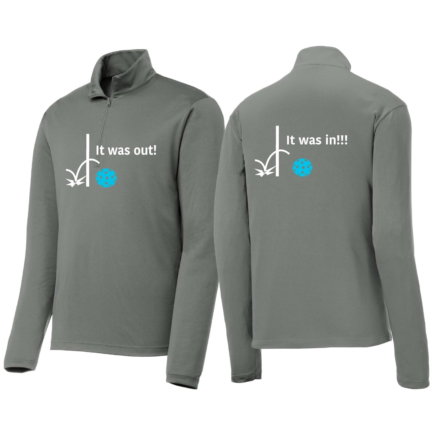 It Was Out! It Was In! (Pickleballs Cyan Green Orange) | Men's 1/4 Zip Long Sleeve Pullover Athletic Performance Shirt | 100% Polyester