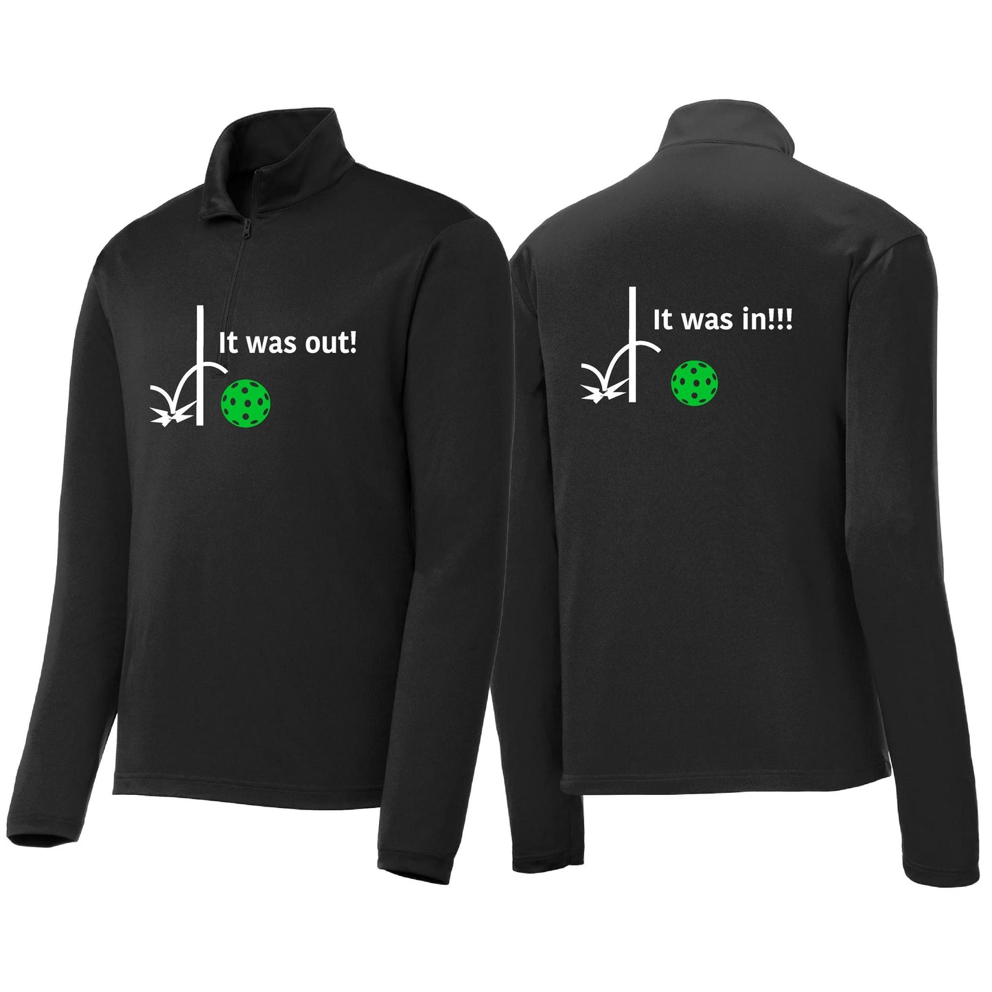 It Was Out! It Was In! (Pickleballs Cyan Green Orange) | Men's 1/4 Zip Long Sleeve Pullover Athletic Performance Shirt | 100% Polyester