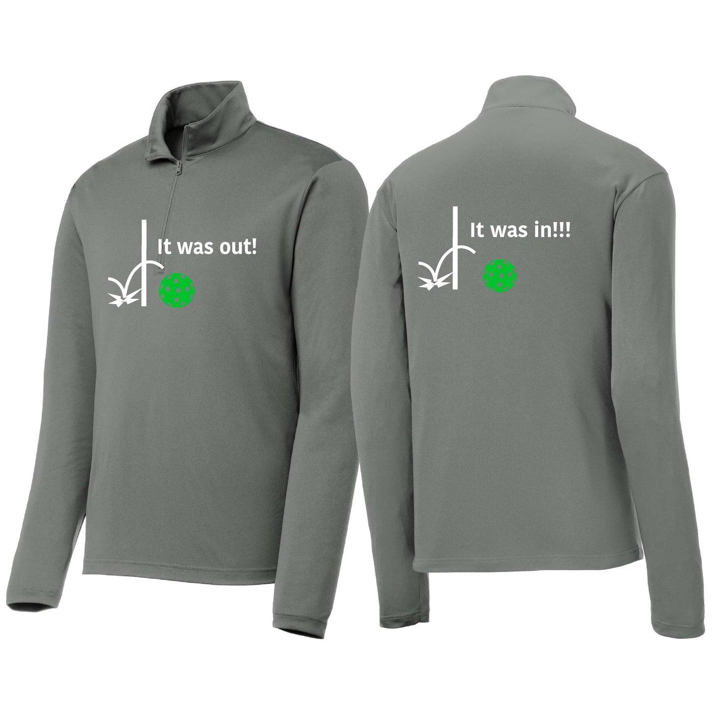 It Was Out! It Was In! (Pickleballs Cyan Green Orange) | Men's 1/4 Zip Long Sleeve Pullover Athletic Performance Shirt | 100% Polyester