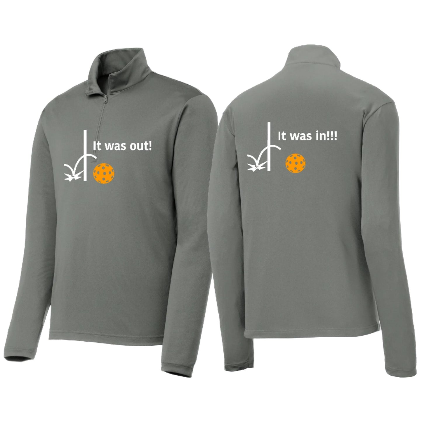 It Was Out! It Was In! (Pickleballs Cyan Green Orange) | Men's 1/4 Zip Long Sleeve Pullover Athletic Performance Shirt | 100% Polyester