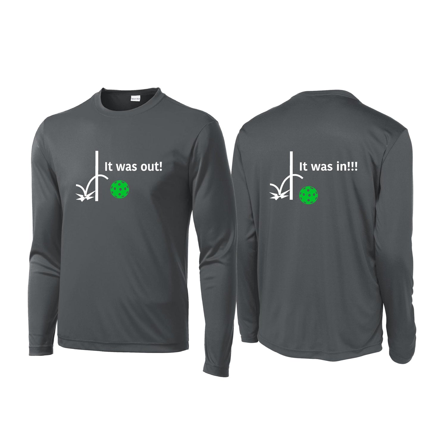 It Was Out! It Was In! (Pickleballs Cyan Green Orange) | Men's Long Sleeve Performance Athletic Performance T-Shirt | 100% Polyester