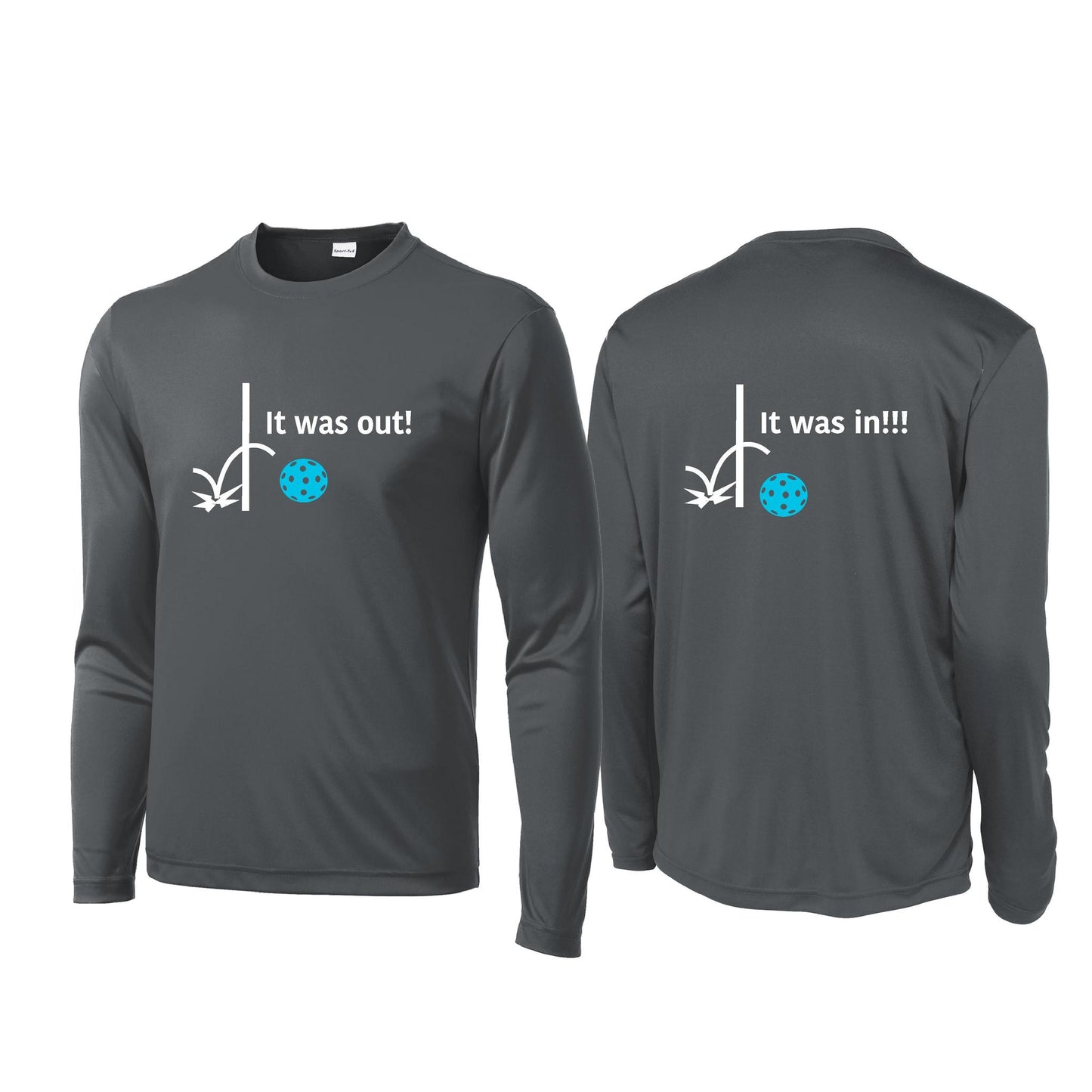 It Was Out! It Was In! (Pickleballs Cyan Green Orange) | Men's Long Sleeve Performance Athletic Performance T-Shirt | 100% Polyester