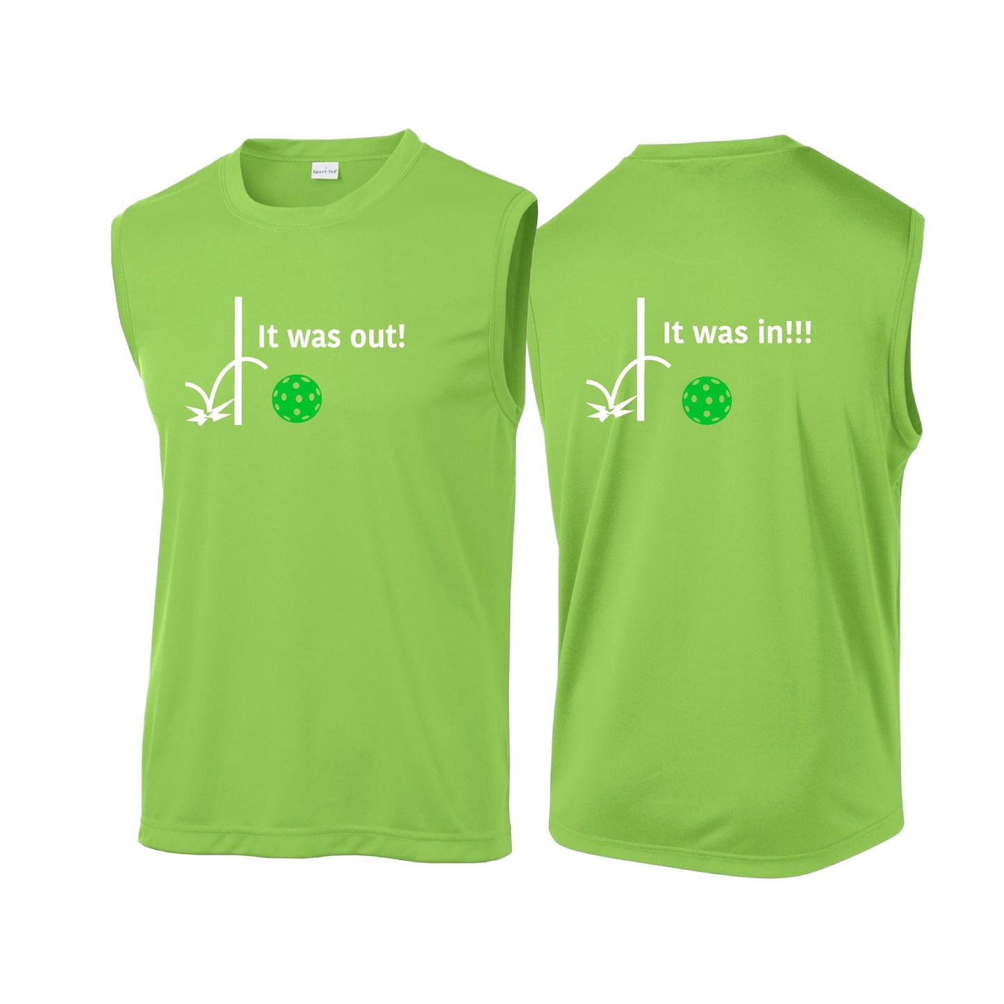 It Was Out! It Was In! (Pickleballs Cyan Green Orange) | Men's Sleeveless Athletic Performance T-Shirt | 100% Polyester