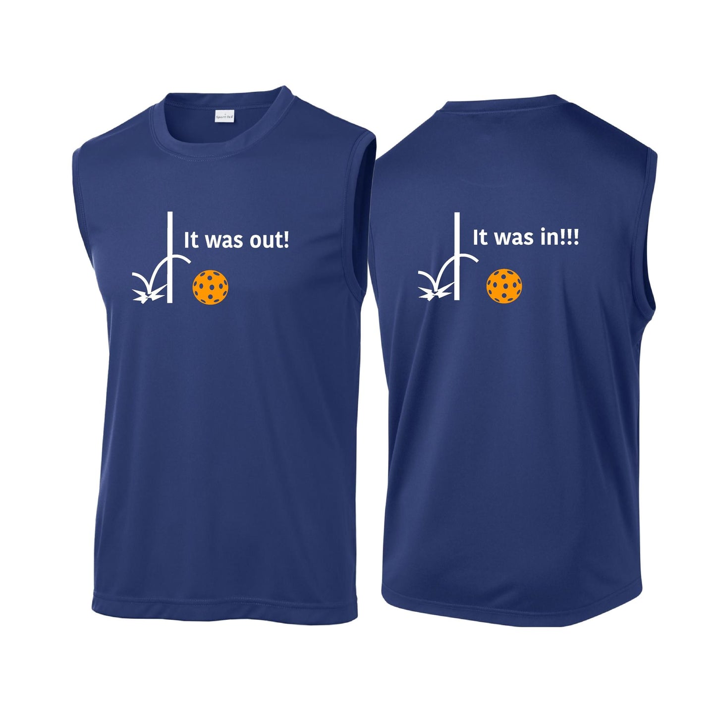 It Was Out! It Was In! (Pickleballs Cyan Green Orange) | Men's Sleeveless Athletic Performance T-Shirt | 100% Polyester