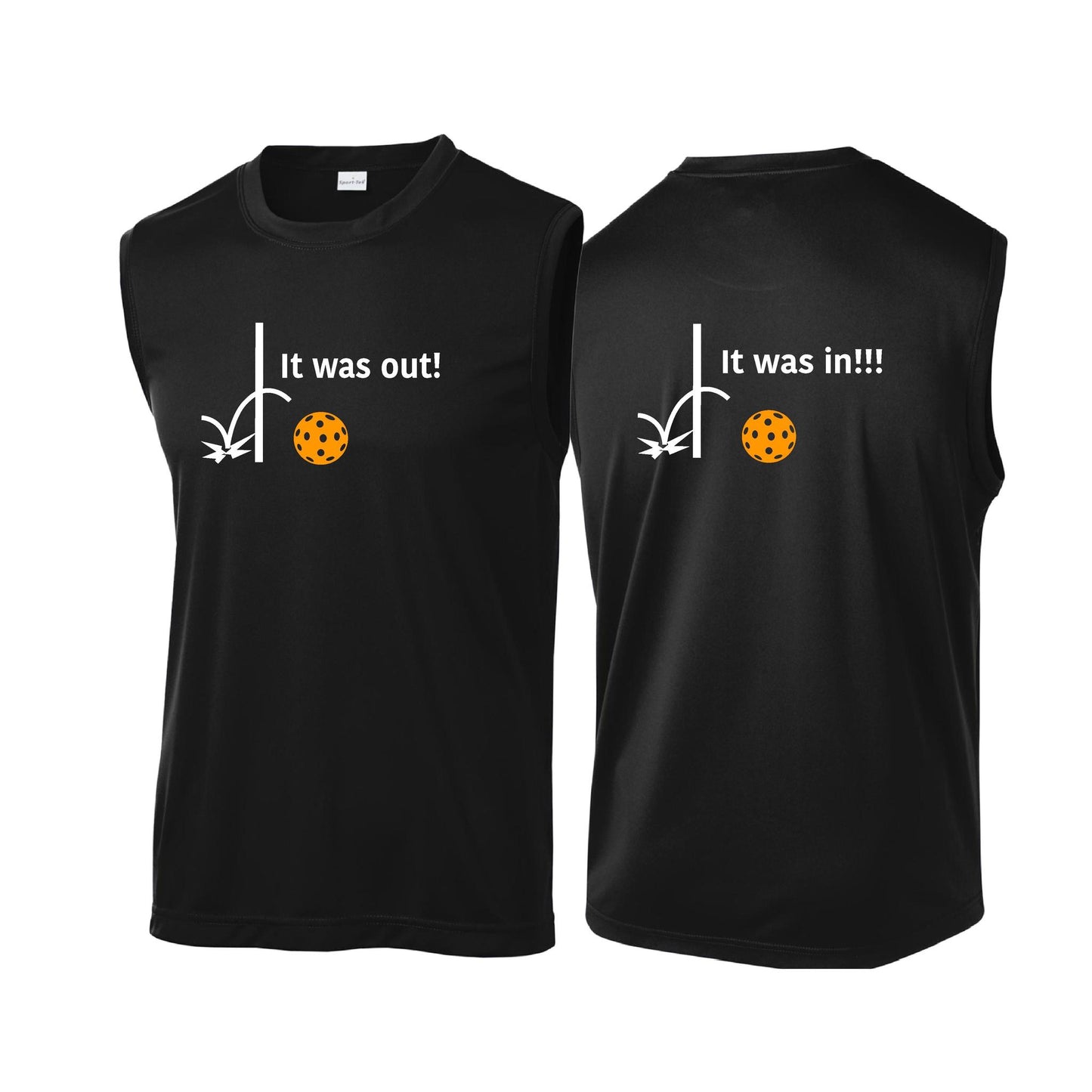 It Was Out! It Was In! (Pickleballs Cyan Green Orange) | Men's Sleeveless Athletic Performance T-Shirt | 100% Polyester