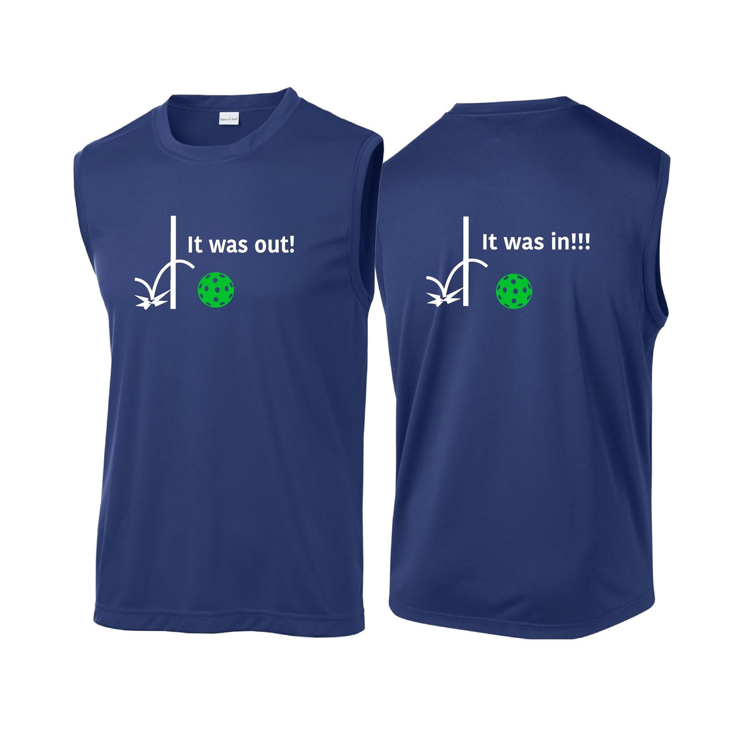 It Was Out! It Was In! (Pickleballs Cyan Green Orange) | Men's Sleeveless Athletic Performance T-Shirt | 100% Polyester
