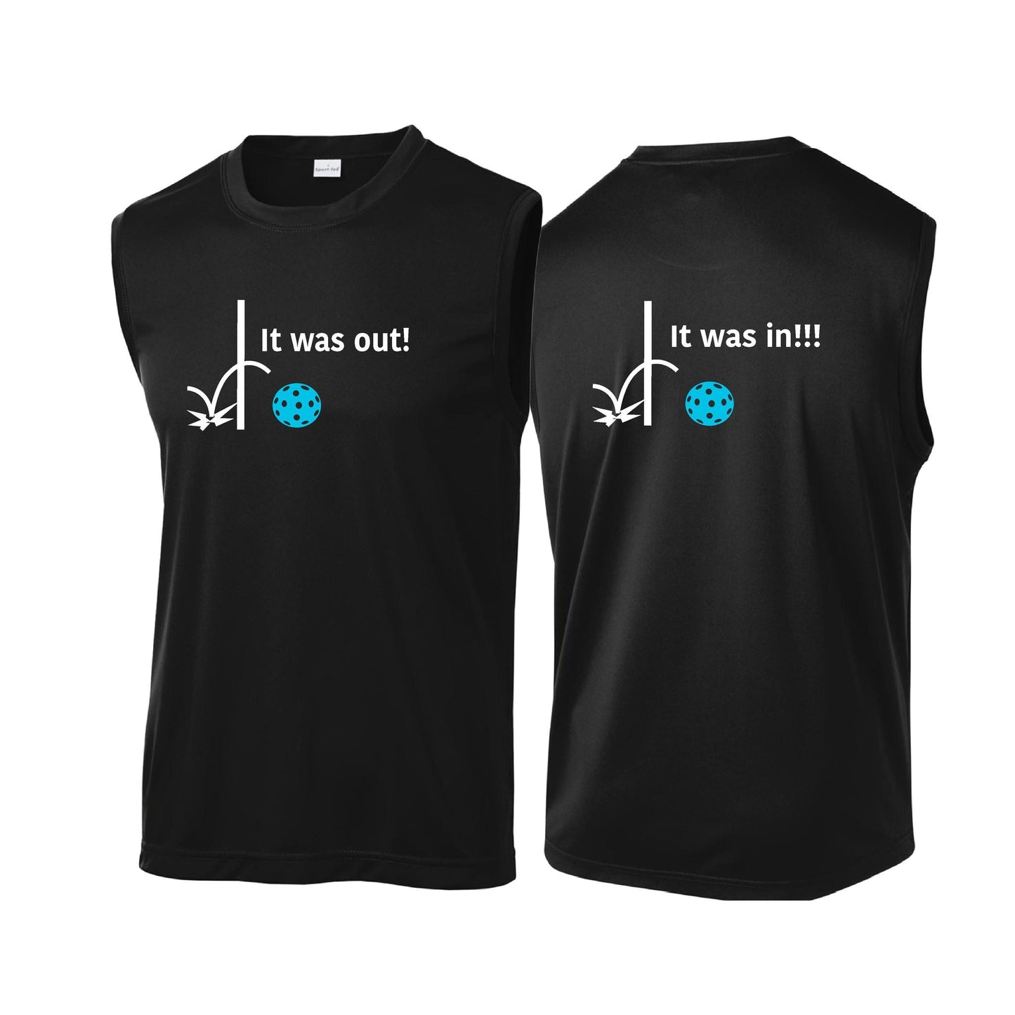 It Was Out! It Was In! (Pickleballs Cyan Green Orange) | Men's Sleeveless Athletic Performance T-Shirt | 100% Polyester