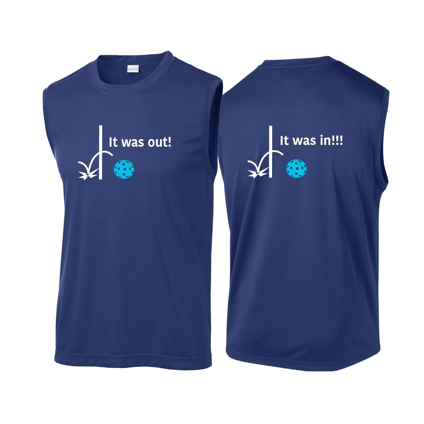 It Was Out! It Was In! (Pickleballs Cyan Green Orange) | Men's Sleeveless Athletic Performance T-Shirt | 100% Polyester