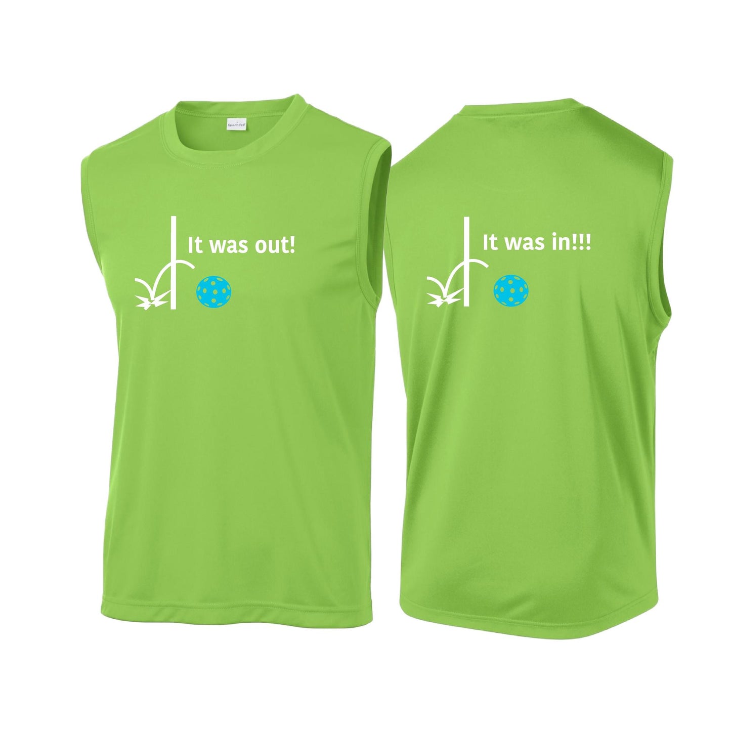 It Was Out! It Was In! (Pickleballs Cyan Green Orange) | Men's Sleeveless Athletic Performance T-Shirt | 100% Polyester
