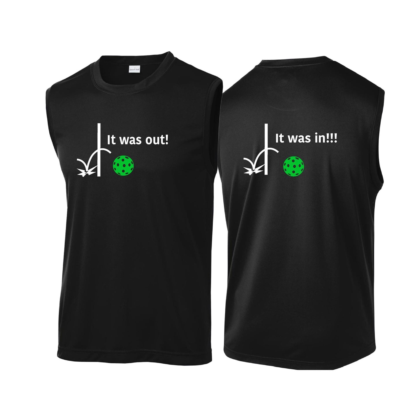 It Was Out! It Was In! (Pickleballs Cyan Green Orange) | Men's Sleeveless Athletic Performance T-Shirt | 100% Polyester