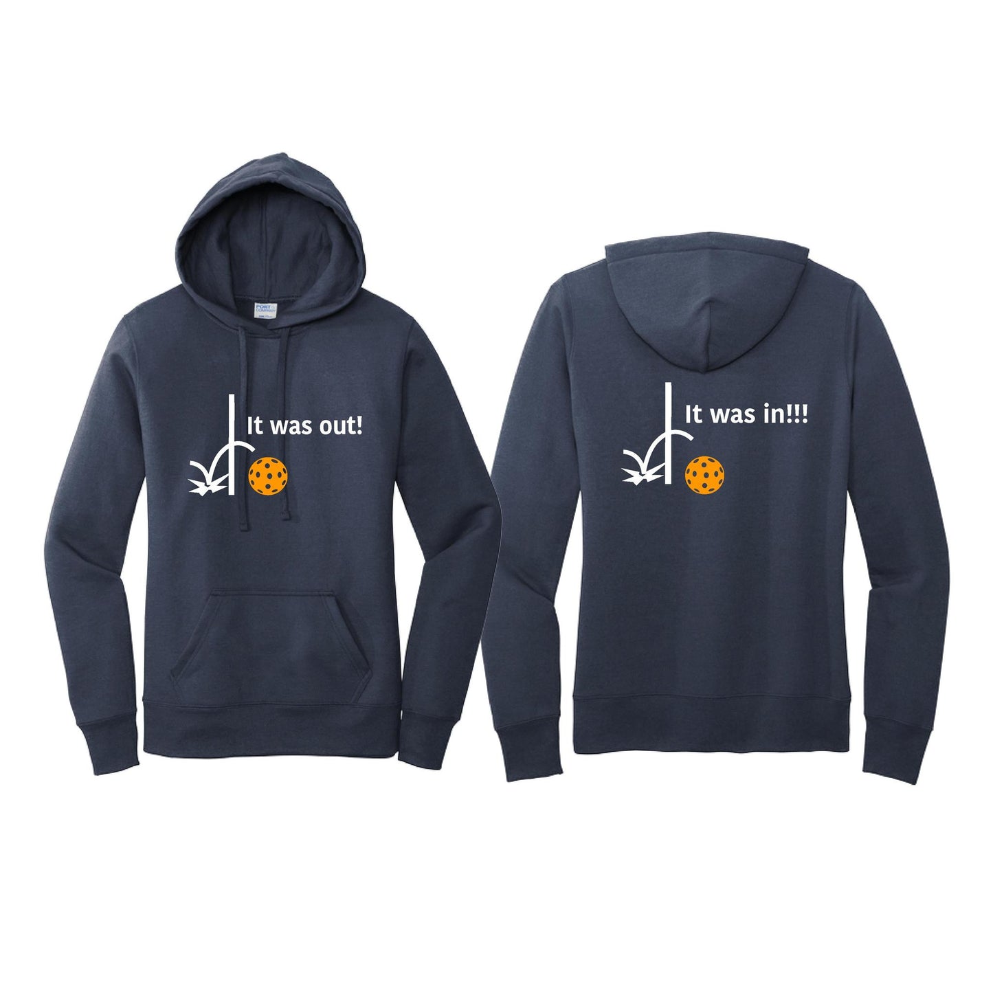 It Was Out! It Was In! (Pickleballs Cyan Green Orange) | Women’s Fitted Hoodie Pickleball Sweatshirt | 50% Cotton 50% Poly Fleece