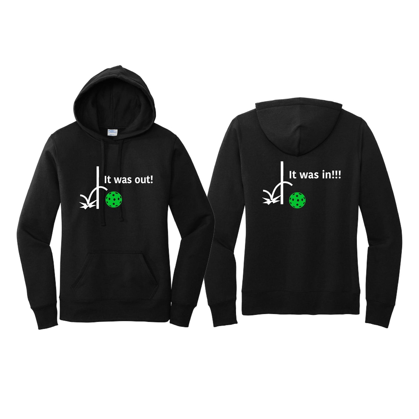 It Was Out! It Was In! (Pickleballs Cyan Green Orange) | Women’s Fitted Hoodie Pickleball Sweatshirt | 50% Cotton 50% Poly Fleece