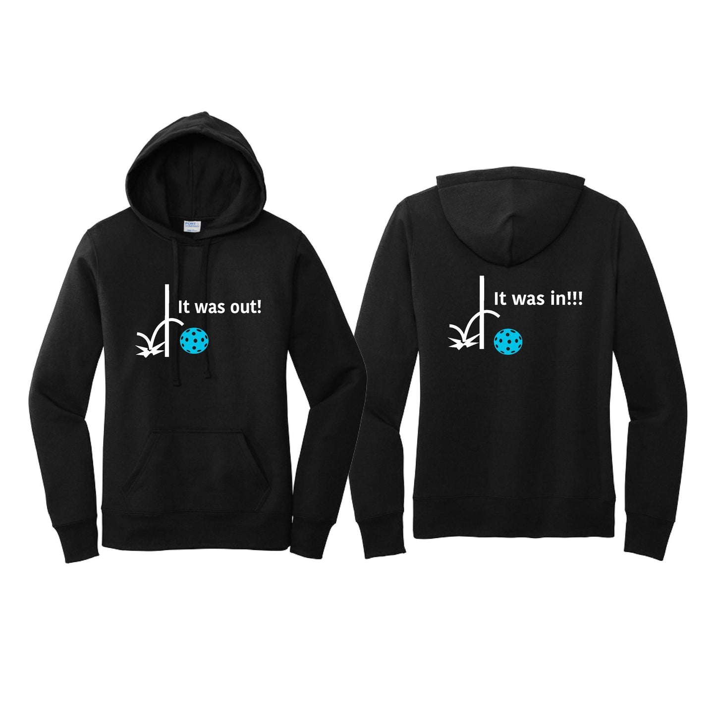 It Was Out! It Was In! (Pickleballs Cyan Green Orange) | Women’s Fitted Hoodie Pickleball Sweatshirt | 50% Cotton 50% Poly Fleece