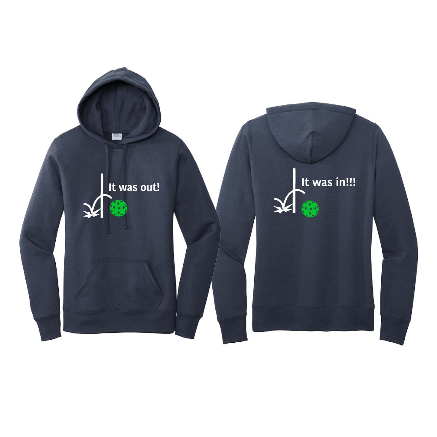 It Was Out! It Was In! (Pickleballs Cyan Green Orange) | Women’s Fitted Hoodie Pickleball Sweatshirt | 50% Cotton 50% Poly Fleece