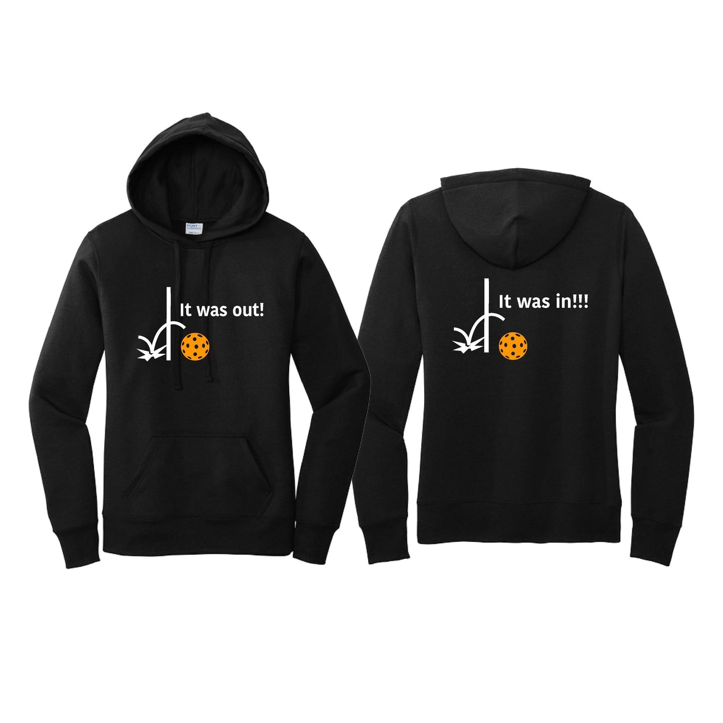 It Was Out! It Was In! (Pickleballs Cyan Green Orange) | Women’s Fitted Hoodie Pickleball Sweatshirt | 50% Cotton 50% Poly Fleece
