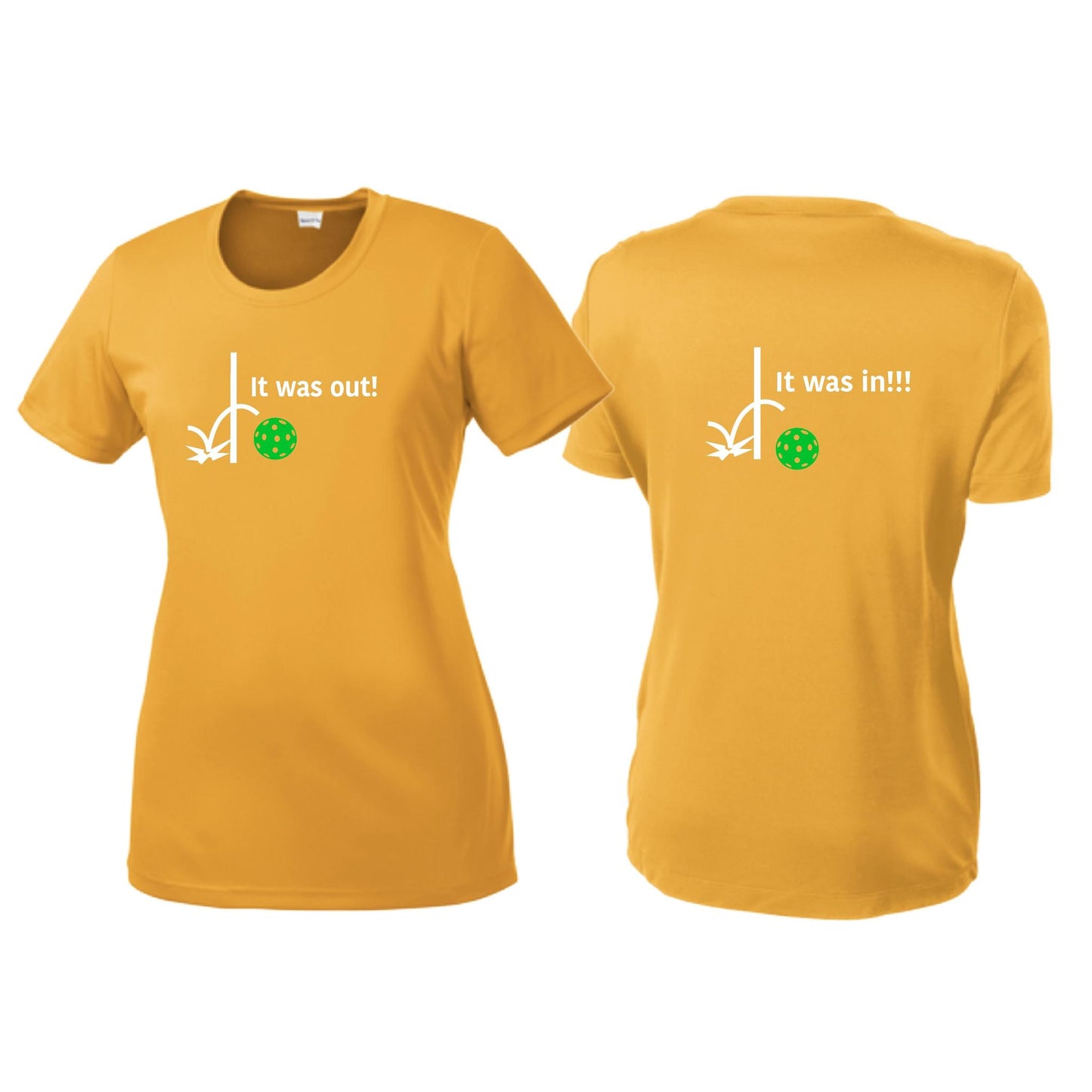 It Was Out! It Was In! (Pickleballs Cyan Green Orange) | Women’s Short Sleeve Crewneck Pickleball T-Shirts | 100% Polyester