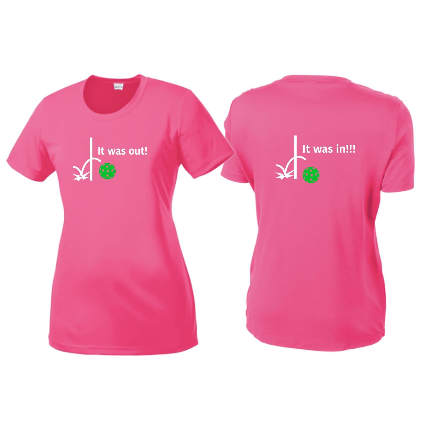 It Was Out! It Was In! (Pickleballs Cyan Green Orange) | Women’s Short Sleeve Crewneck Pickleball T-Shirts | 100% Polyester