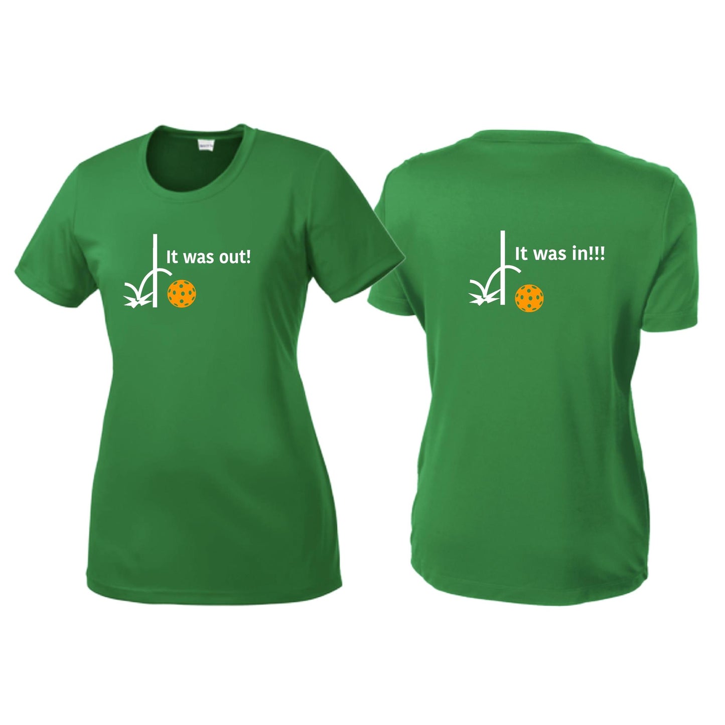 It Was Out! It Was In! (Pickleballs Cyan Green Orange) | Women’s Short Sleeve Crewneck Pickleball T-Shirts | 100% Polyester