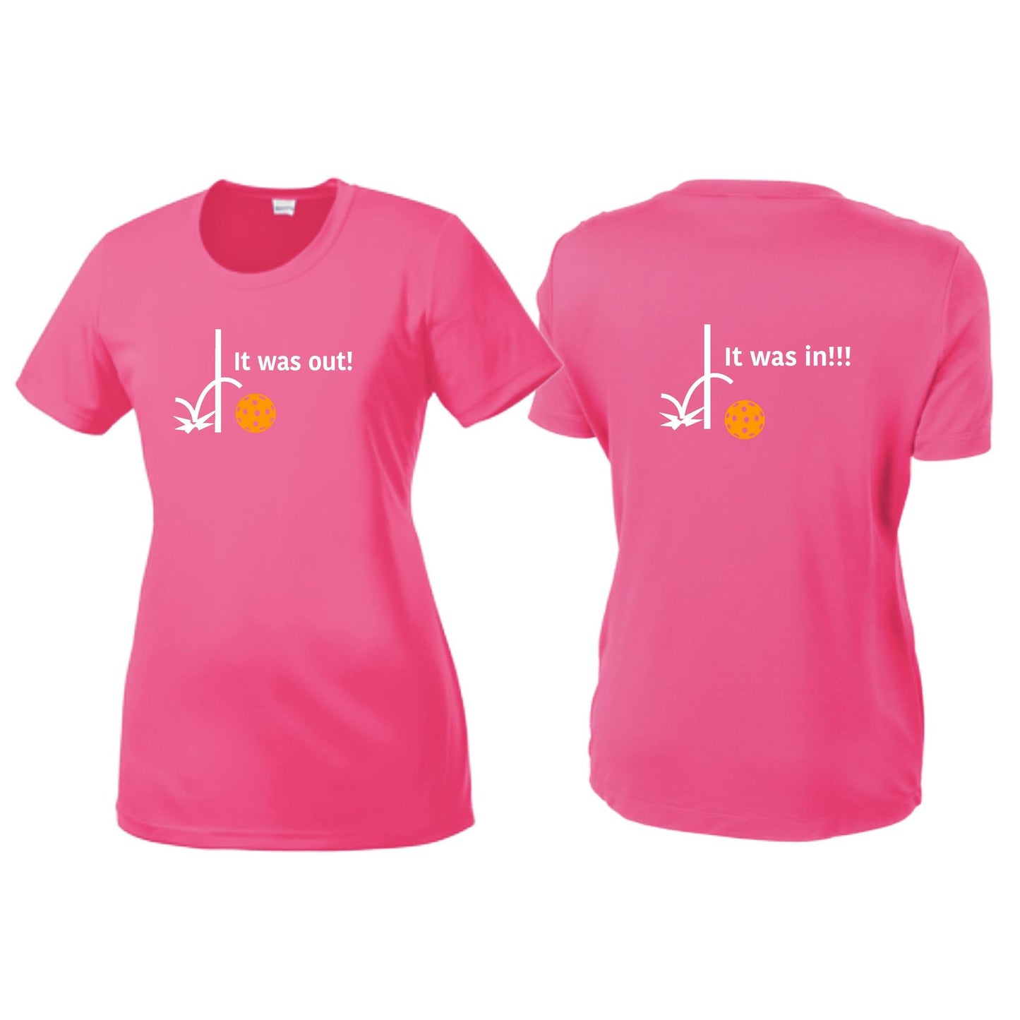 It Was Out! It Was In! (Pickleballs Cyan Green Orange) | Women’s Short Sleeve Crewneck Pickleball T-Shirts | 100% Polyester