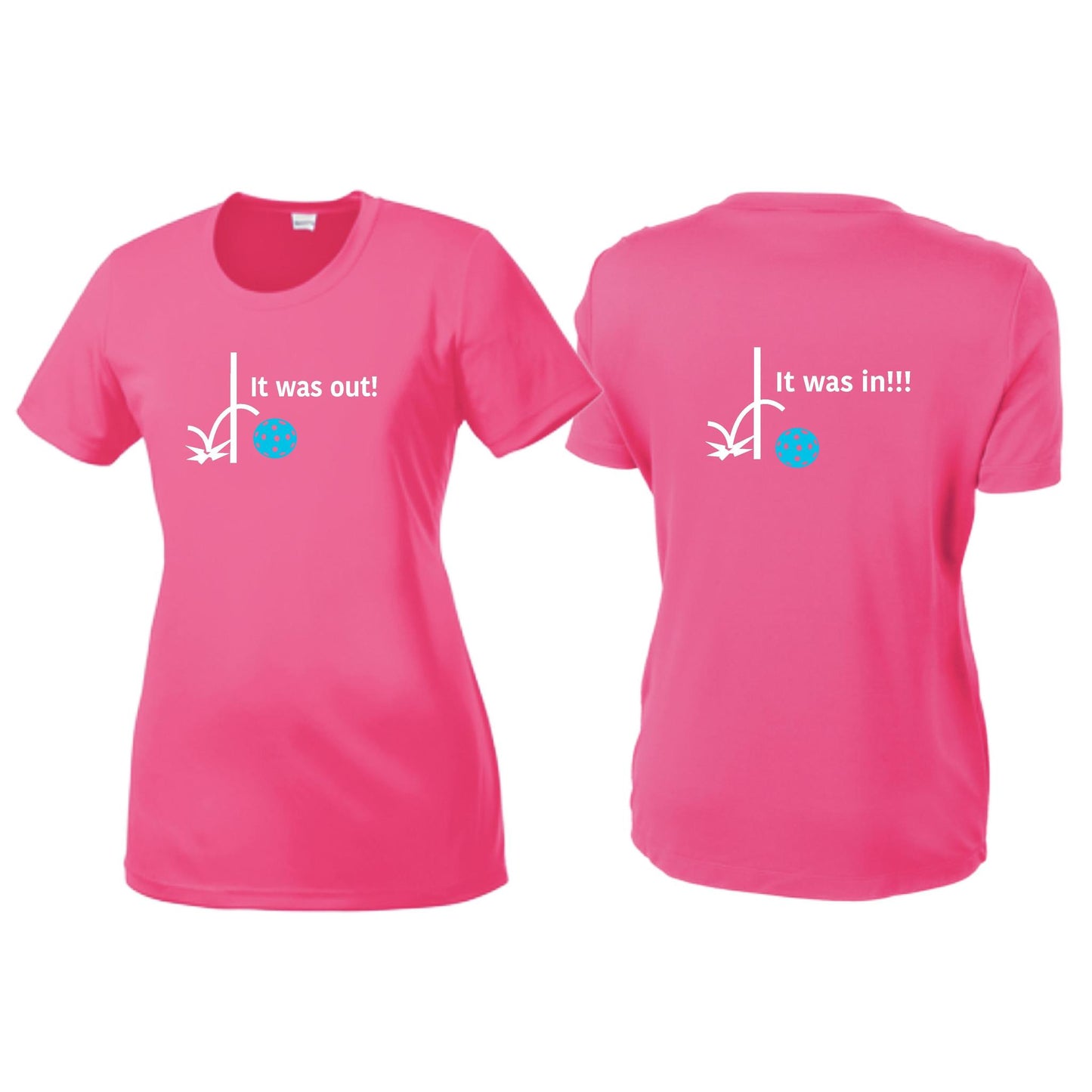 It Was Out! It Was In! (Pickleballs Cyan Green Orange) | Women’s Short Sleeve Crewneck Pickleball T-Shirts | 100% Polyester