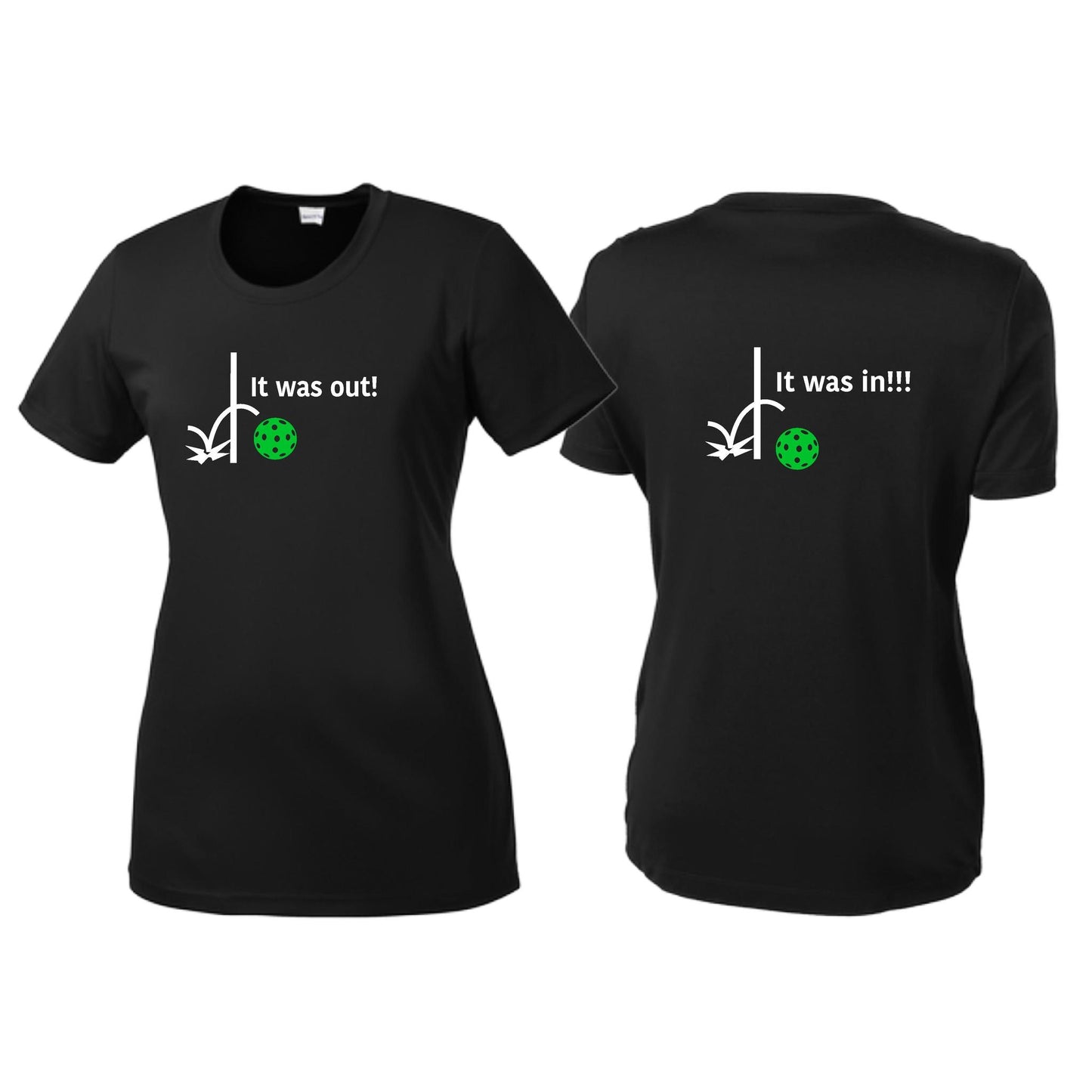 It Was Out! It Was In! (Pickleballs Cyan Green Orange) | Women’s Short Sleeve Crewneck Pickleball T-Shirts | 100% Polyester