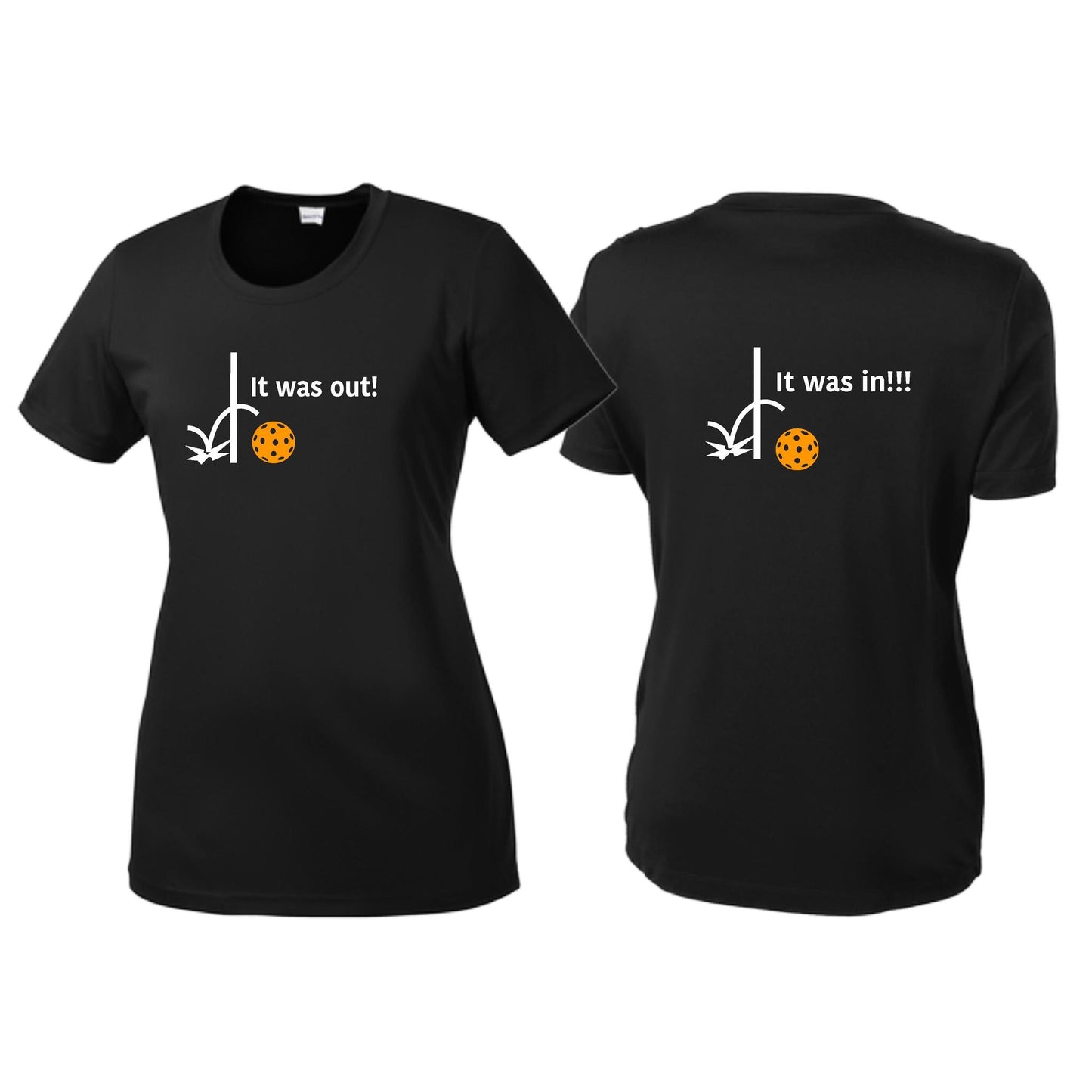 It Was Out! It Was In! (Pickleballs Cyan Green Orange) | Women’s Short Sleeve Crewneck Pickleball T-Shirts | 100% Polyester