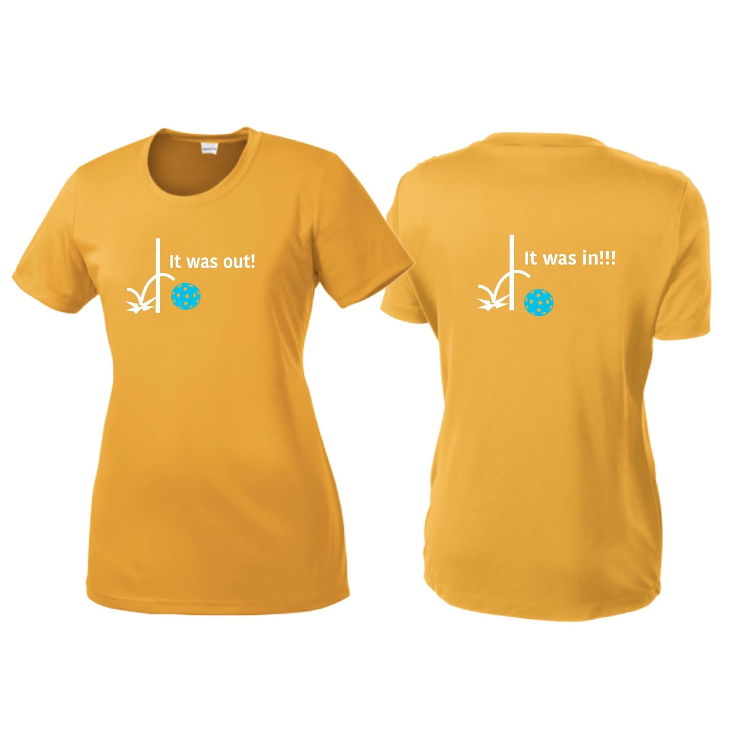 It Was Out! It Was In! (Pickleballs Cyan Green Orange) | Women’s Short Sleeve Crewneck Pickleball T-Shirts | 100% Polyester