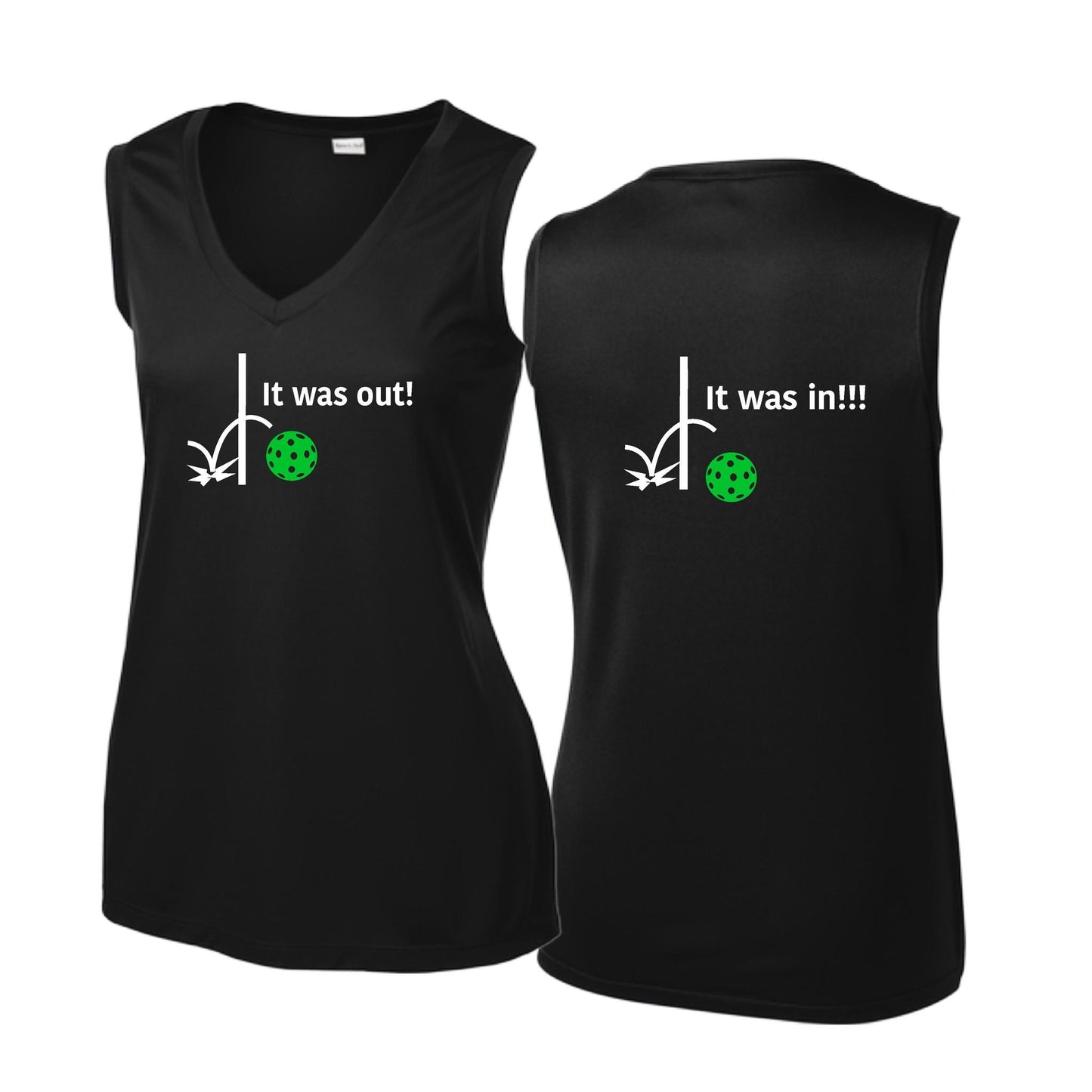 It Was Out! It Was In! (Pickleballs Cyan Green Orange) | Women’s Sleeveless Athletic Performance T-Shirt | 100% Polyester