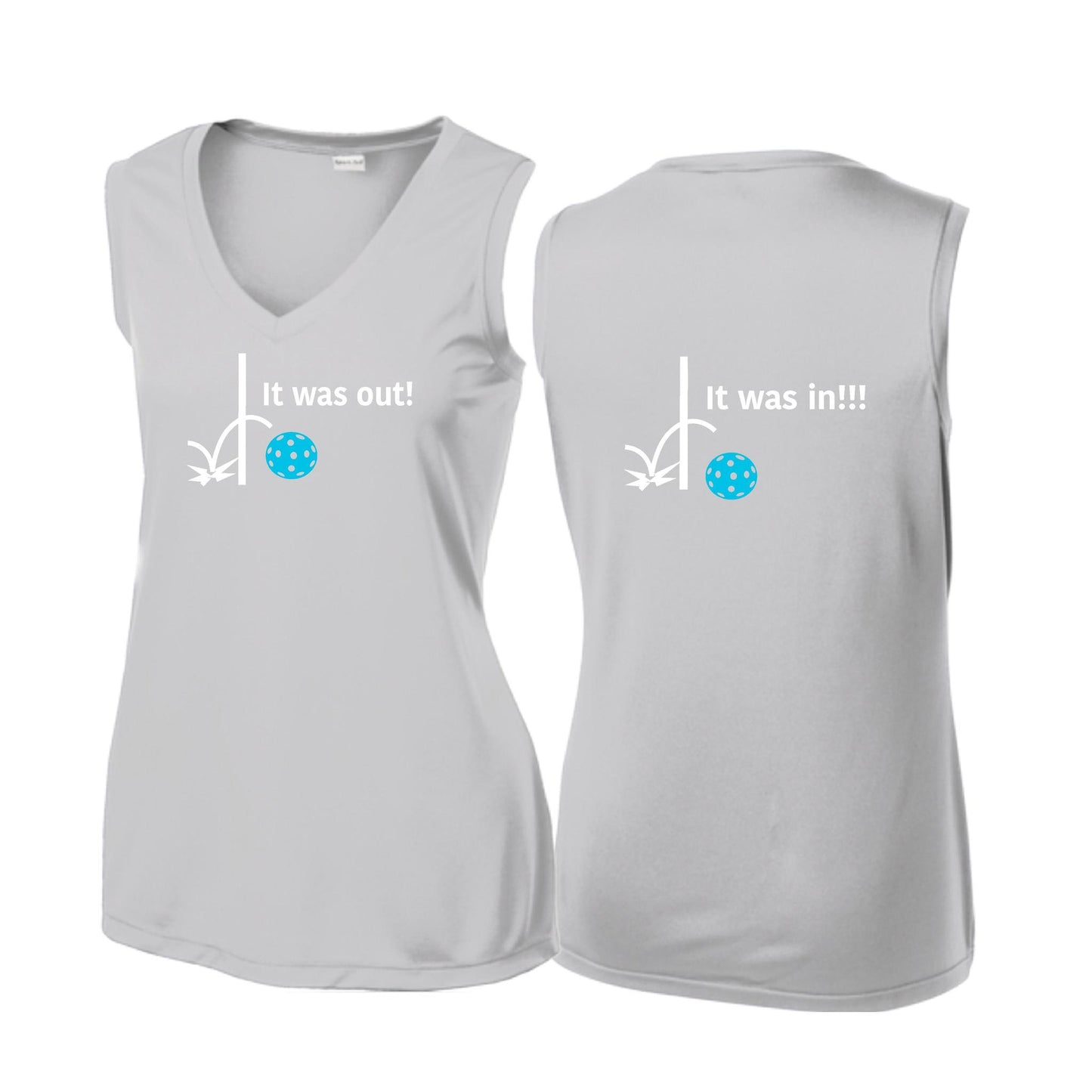 It Was Out! It Was In! (Pickleballs Cyan Green Orange) | Women’s Sleeveless Athletic Performance T-Shirt | 100% Polyester