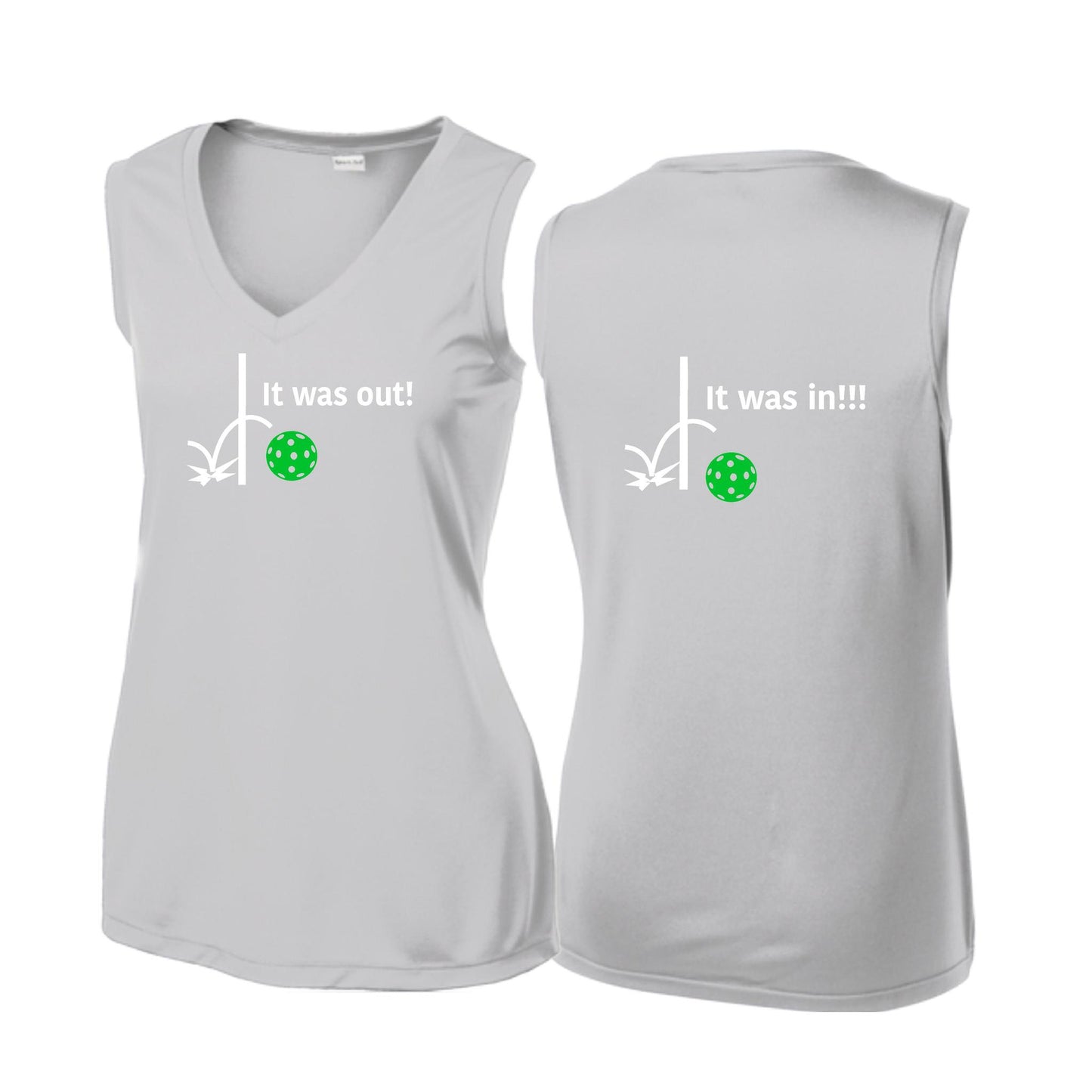 It Was Out! It Was In! (Pickleballs Cyan Green Orange) | Women’s Sleeveless Athletic Performance T-Shirt | 100% Polyester