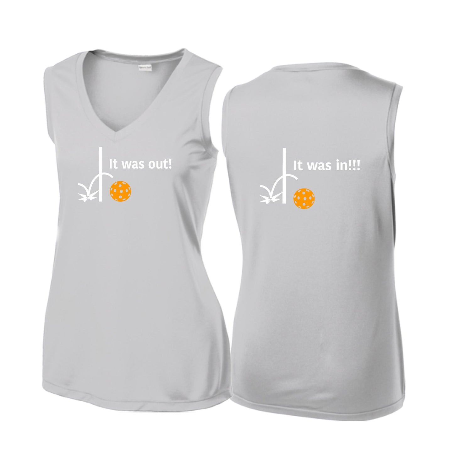 It Was Out! It Was In! (Pickleballs Cyan Green Orange) | Women’s Sleeveless Athletic Performance T-Shirt | 100% Polyester