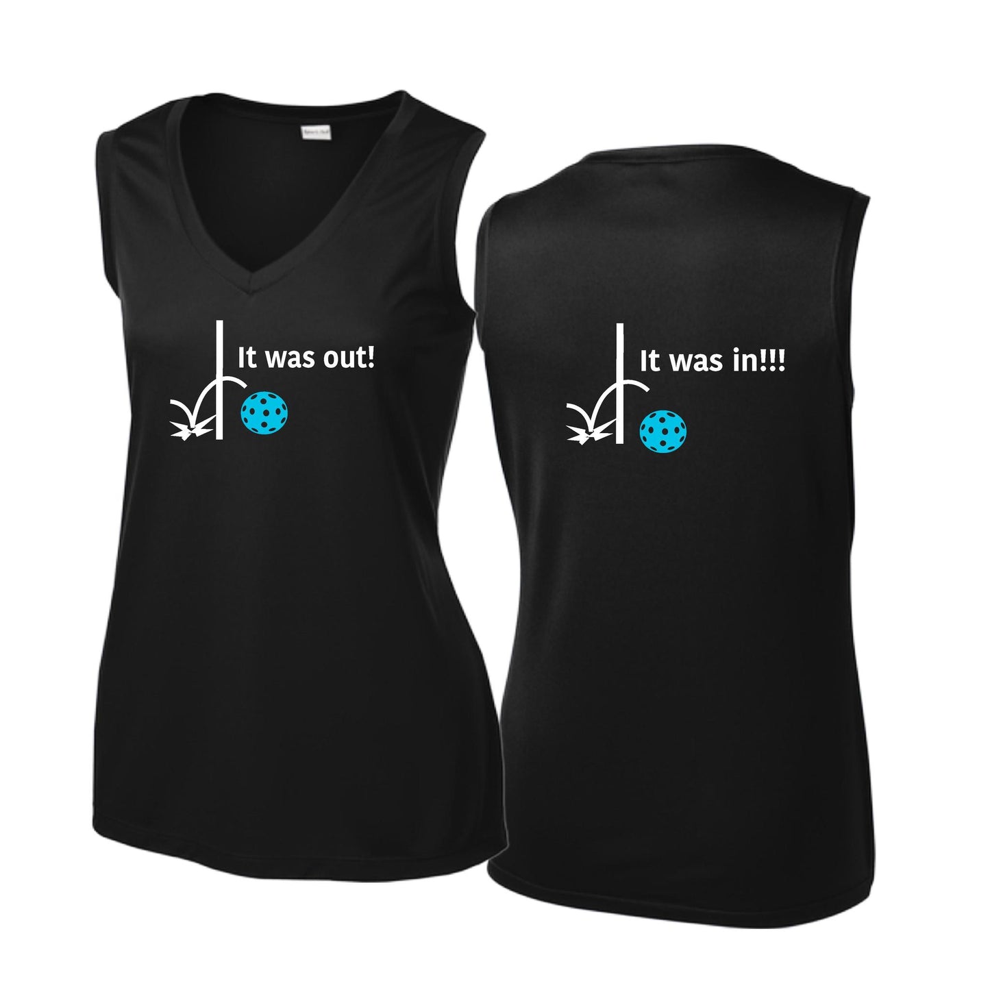 It Was Out! It Was In! (Pickleballs Cyan Green Orange) | Women’s Sleeveless Athletic Performance T-Shirt | 100% Polyester
