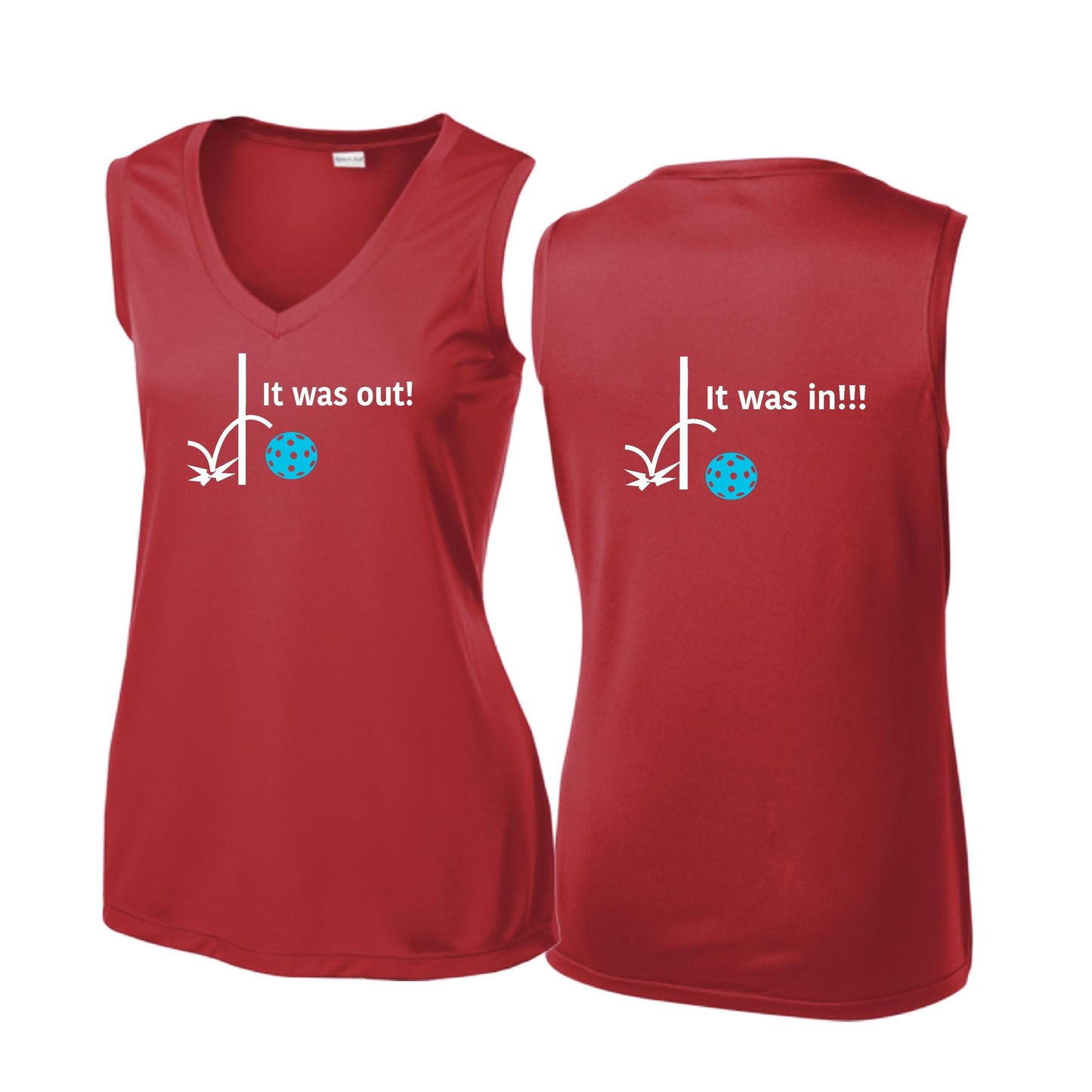 It Was Out! It Was In! (Pickleballs Cyan Green Orange) | Women’s Sleeveless Athletic Performance T-Shirt | 100% Polyester