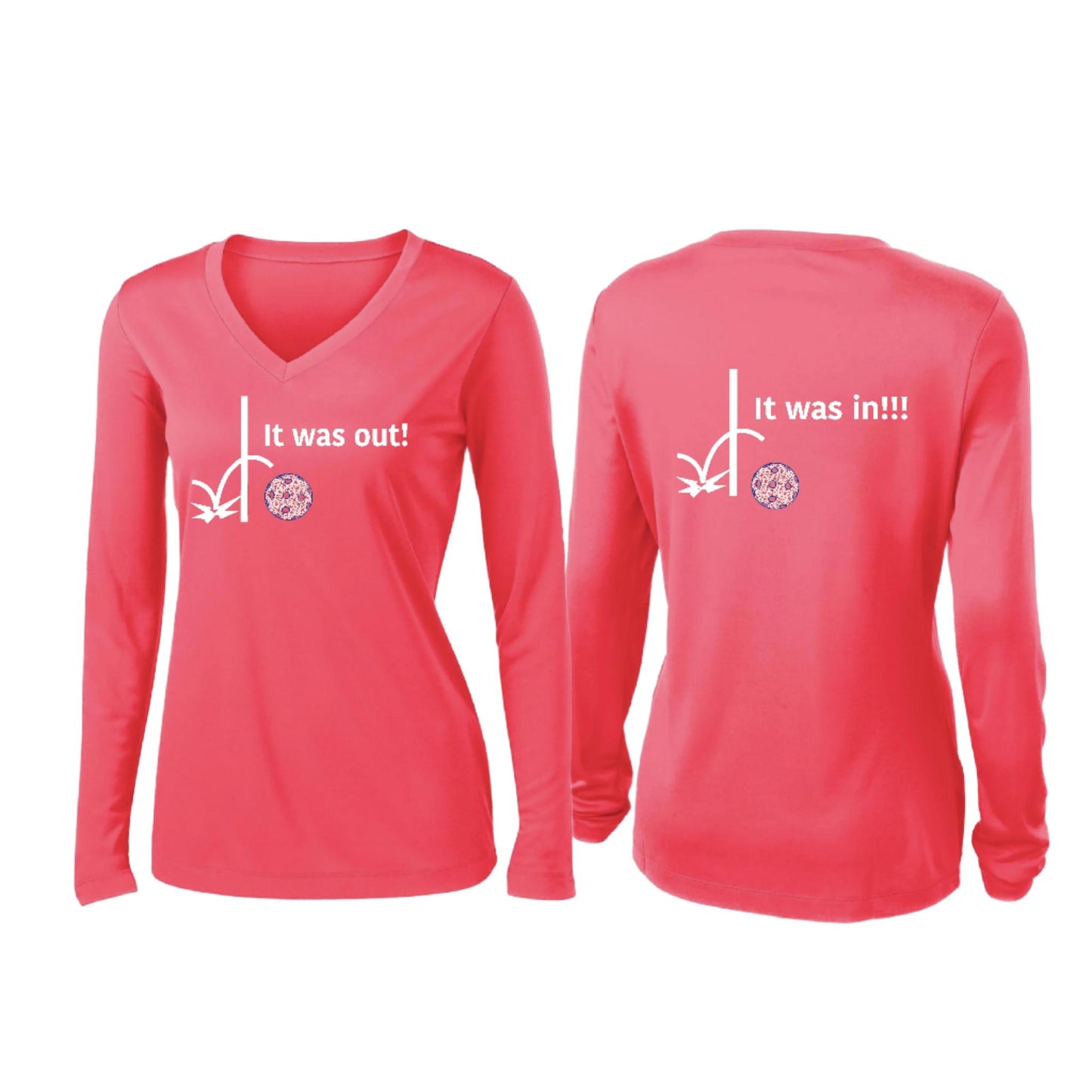 It Was Out! It Was In! (Pickleballs Patriotic Stars) | Women’s Long Sleeve V-Neck Pickleball Performance T-Shirt | 100% Polyester