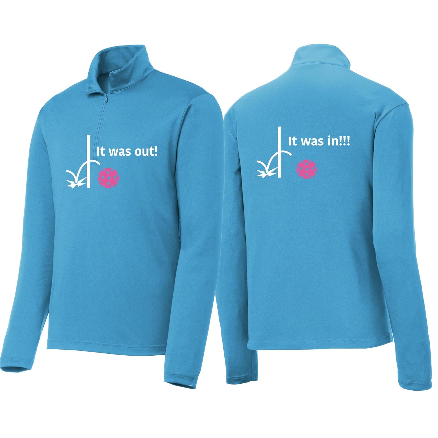 It Was Out! It Was In! (Pickleballs Pink Purple Rainbow) | Men's 1/4 Zip Long Sleeve Pullover Athletic Performance Shirt | 100% Polyester