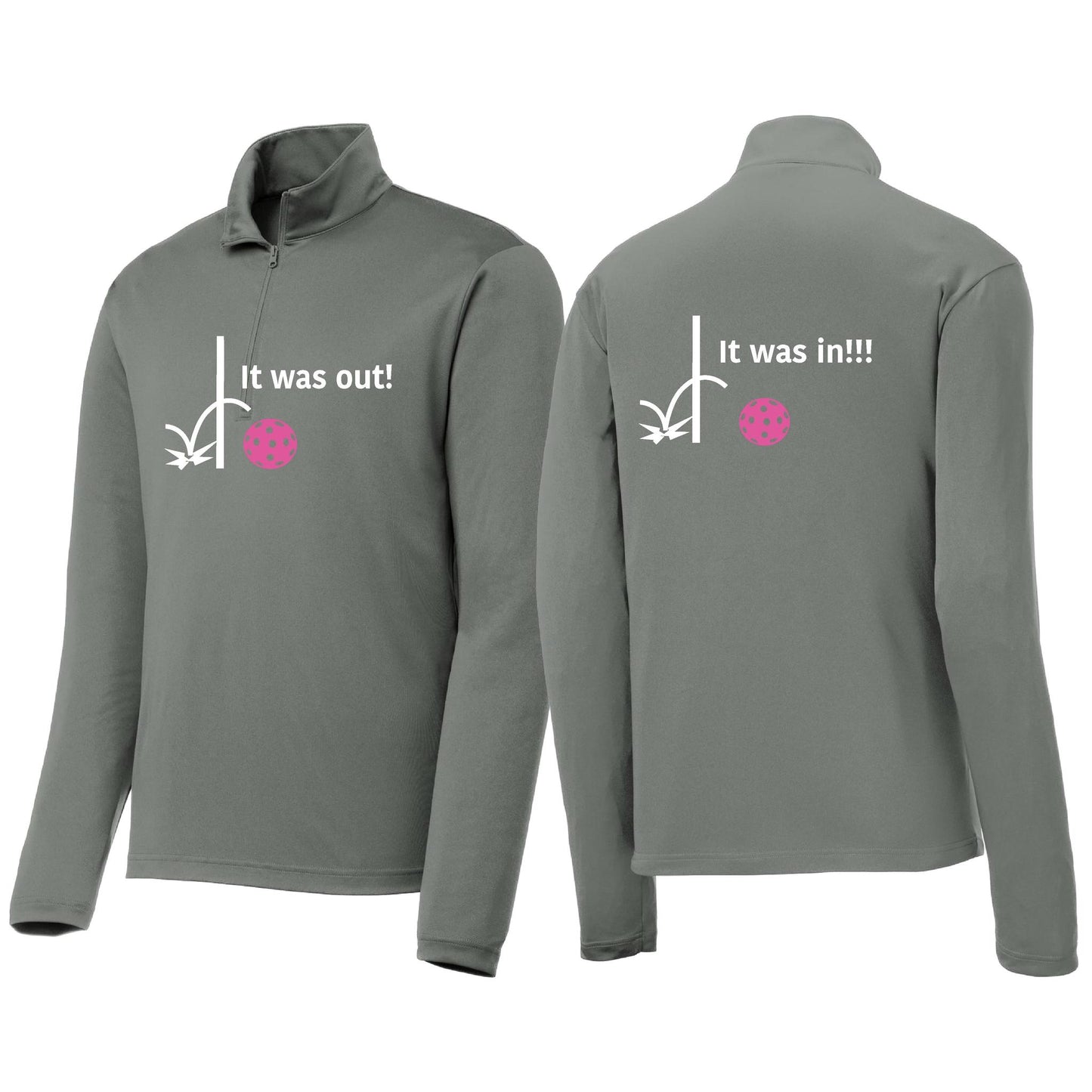 It Was Out! It Was In! (Pickleballs Pink Purple Rainbow) | Men's 1/4 Zip Long Sleeve Pullover Athletic Performance Shirt | 100% Polyester