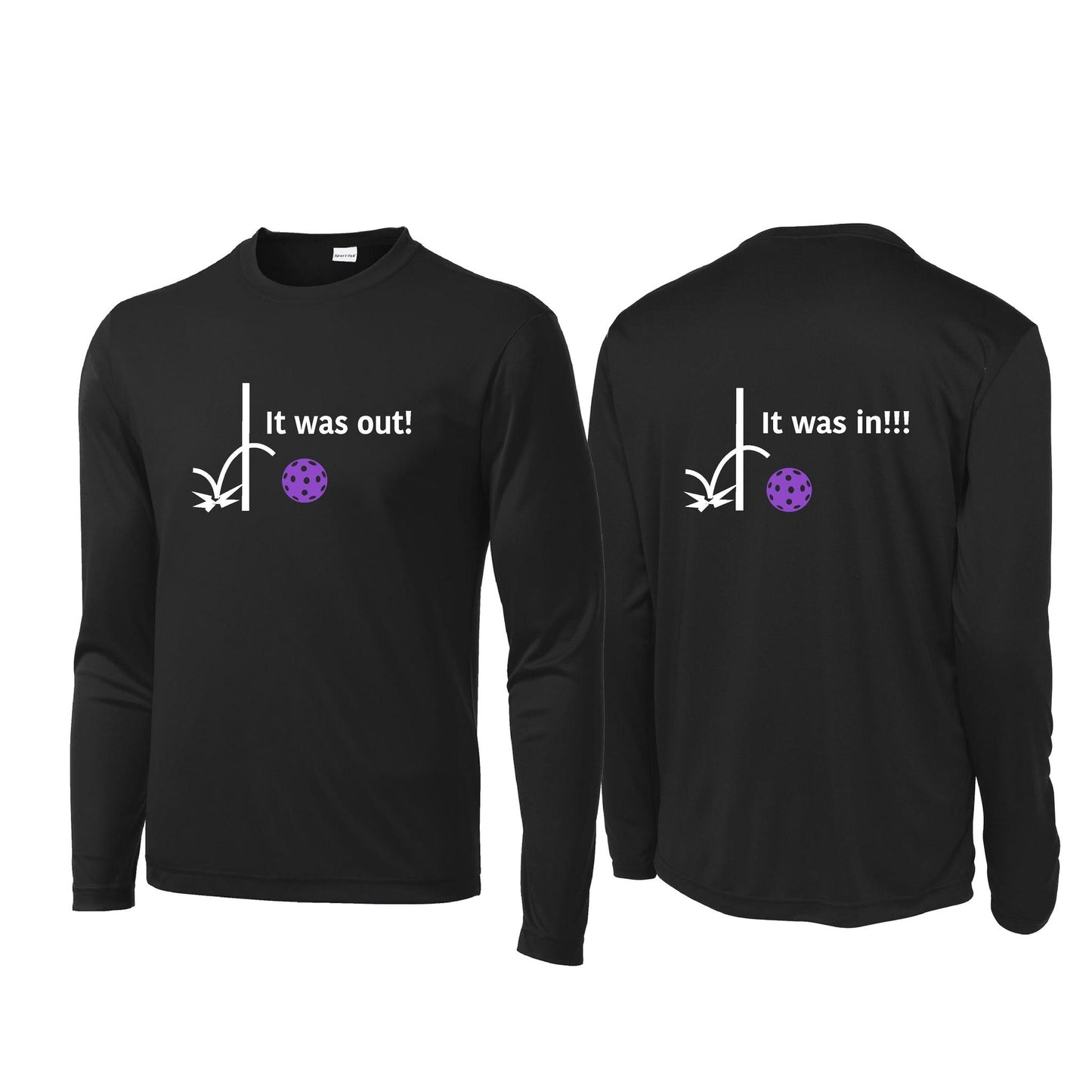 It Was Out! It Was In! (Pickleballs Pink Purple Rainbow) | Men's Long Sleeve Performance Athletic Performance T-Shirt | 100% Polyester