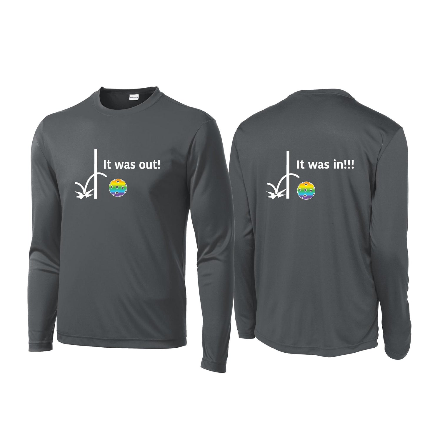 It Was Out! It Was In! (Pickleballs Pink Purple Rainbow) | Men's Long Sleeve Performance Athletic Performance T-Shirt | 100% Polyester