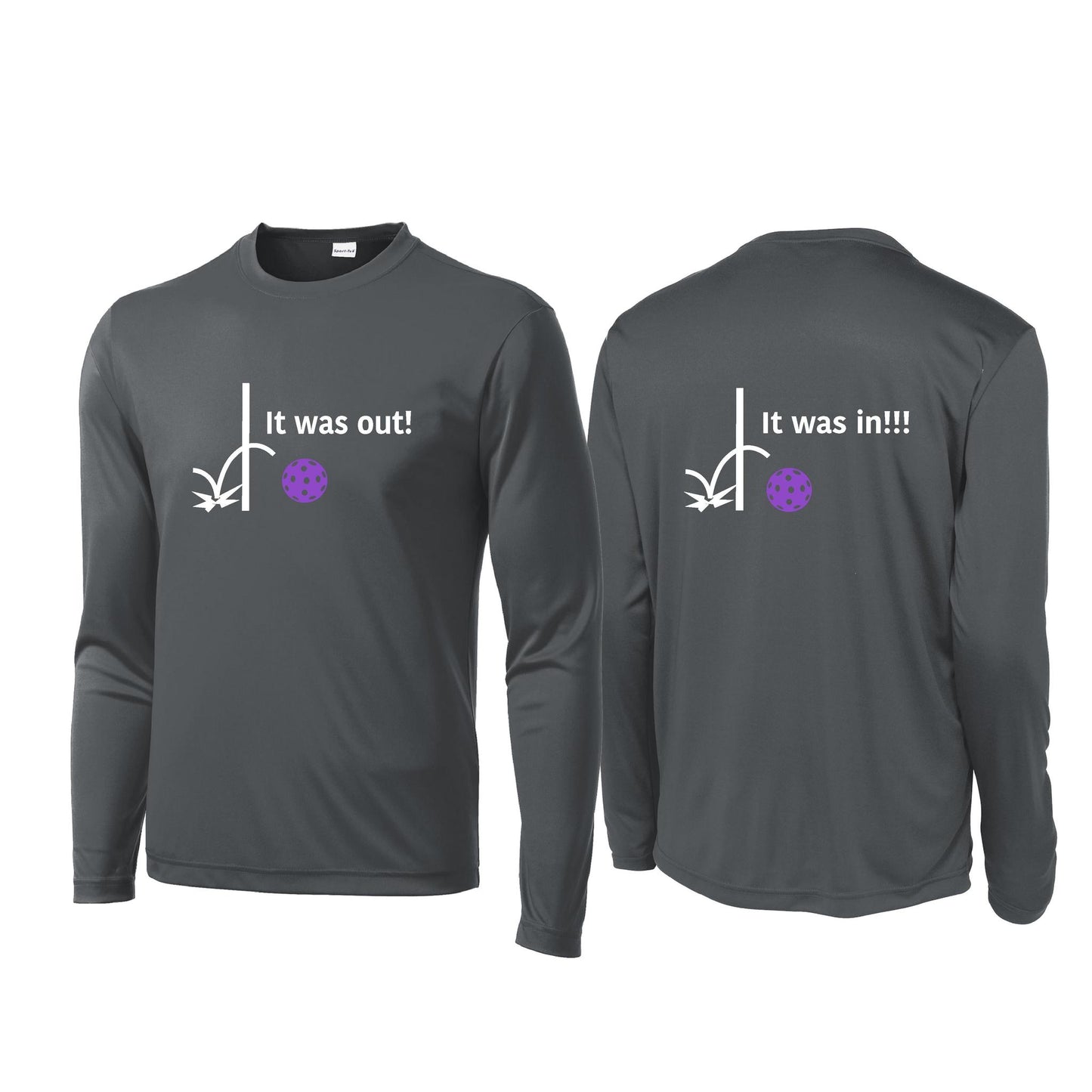 It Was Out! It Was In! (Pickleballs Pink Purple Rainbow) | Men's Long Sleeve Performance Athletic Performance T-Shirt | 100% Polyester
