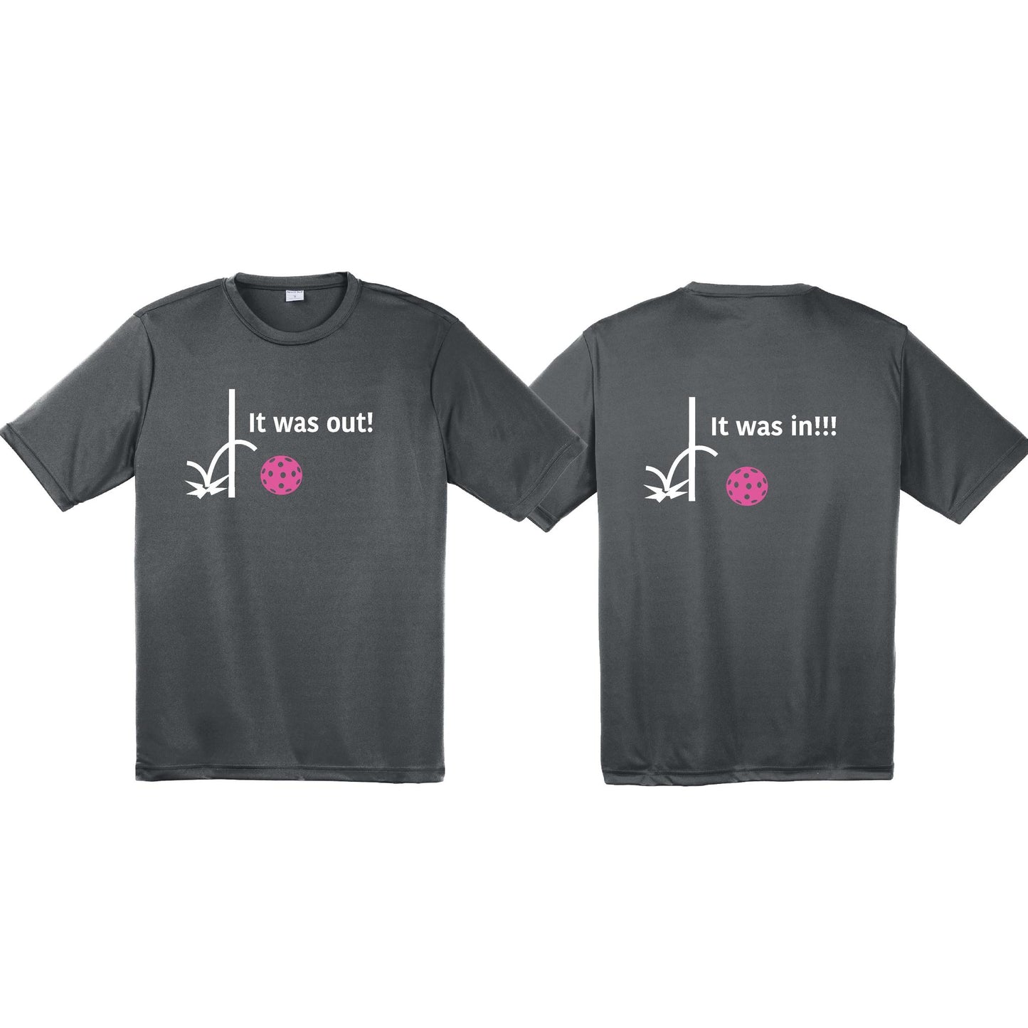It Was Out! It Was In! (Pickleballs Pink Purple Rainbow) | Men's Short Sleeve Athletic Performance T-Shirt | 100% Polyester